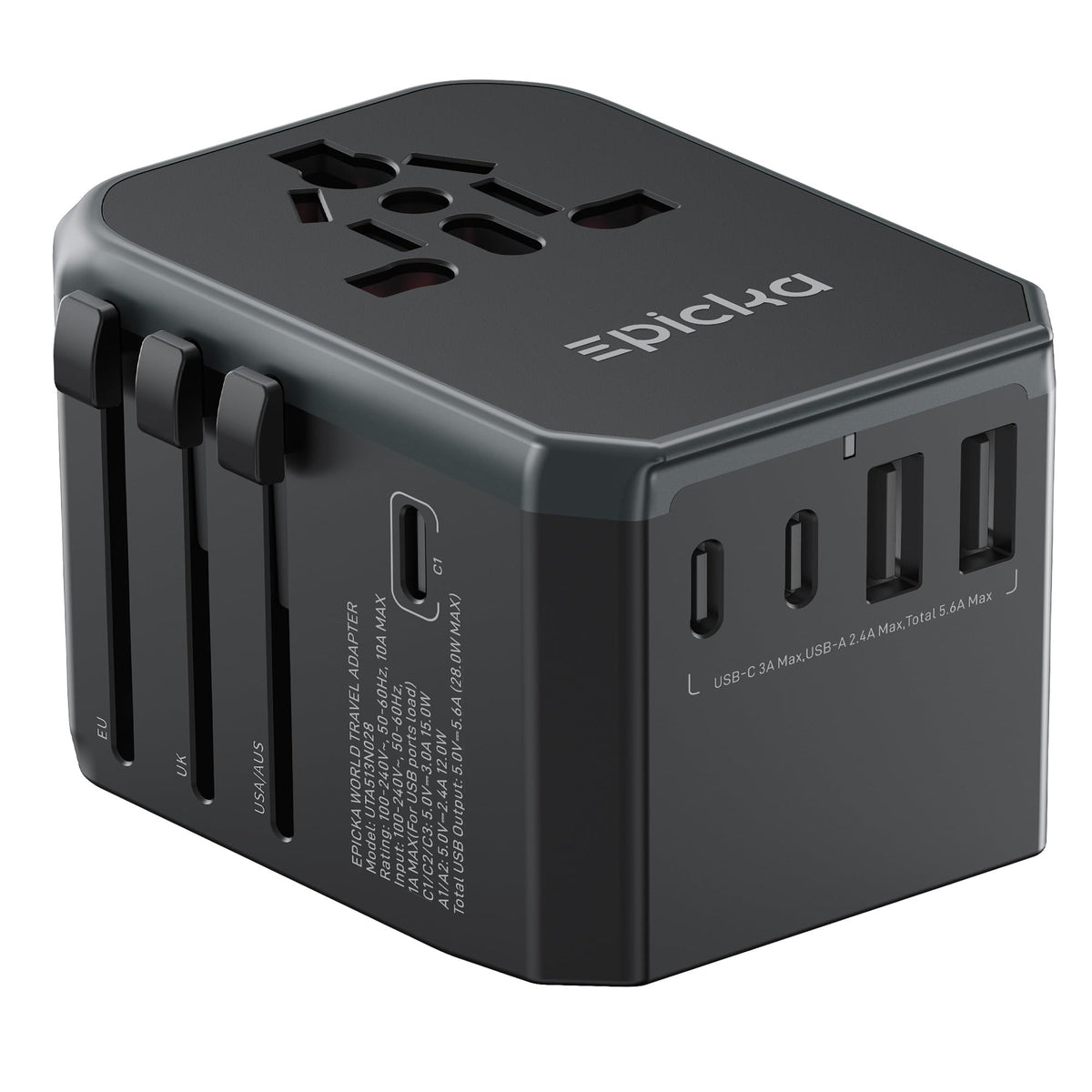 EPICKA adapter front view showing AC socket and ports for versatile charging