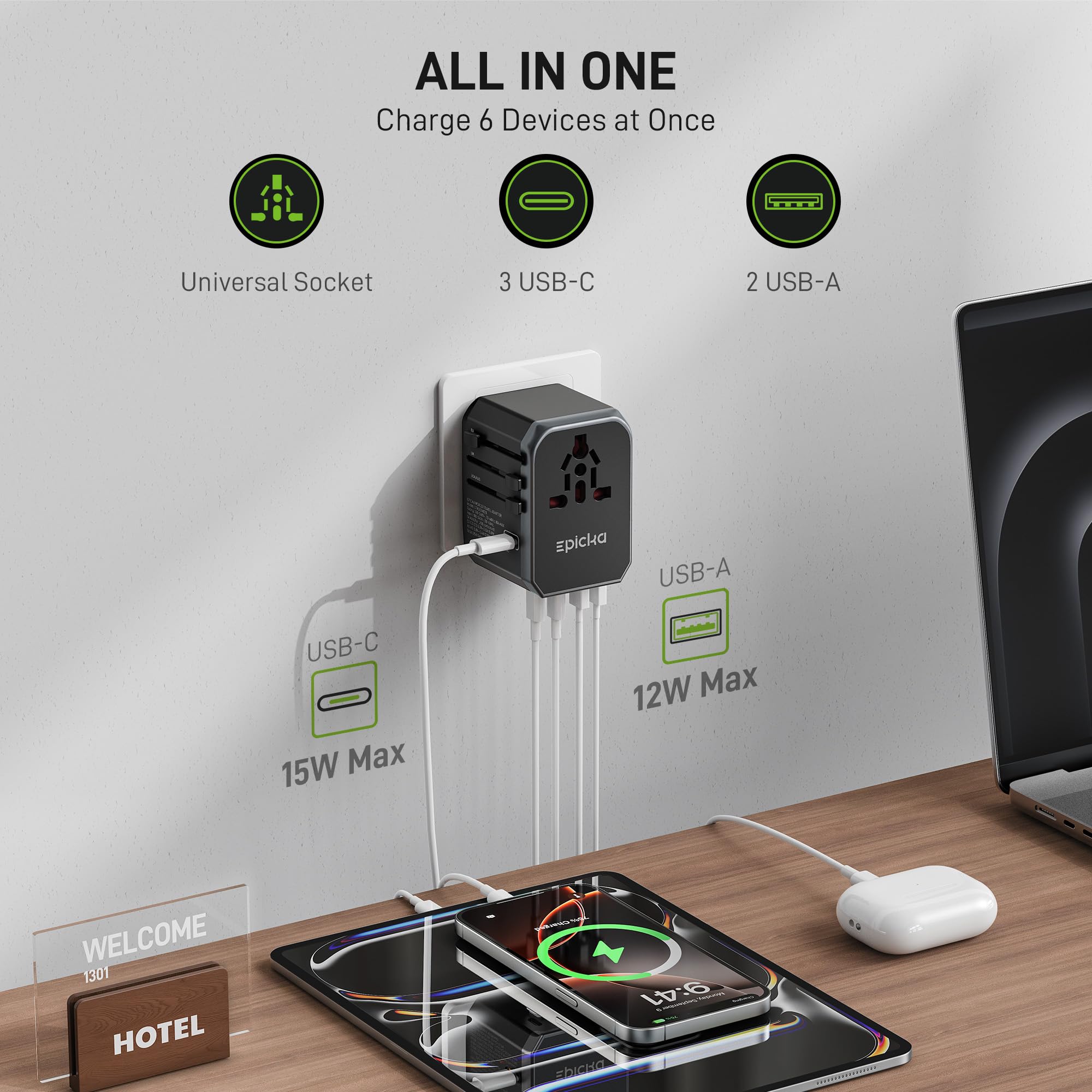 EPICKA adapter with four plug configurations displayed for worldwide travel