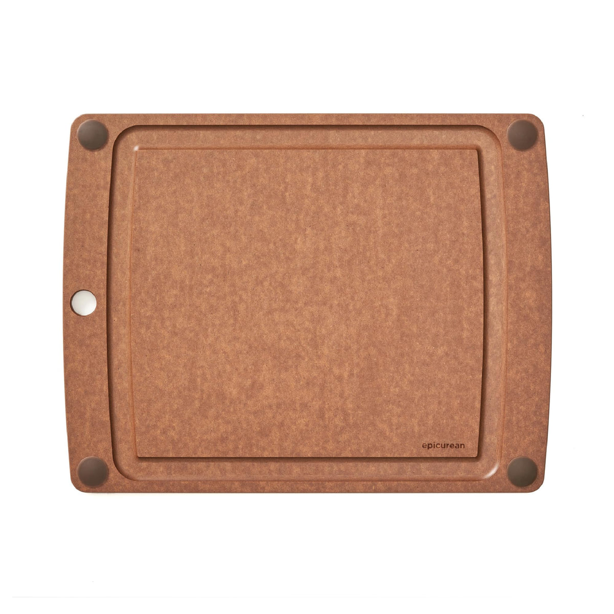 Epicurean cutting board front view Nutmeg showing juice groove and size benefits