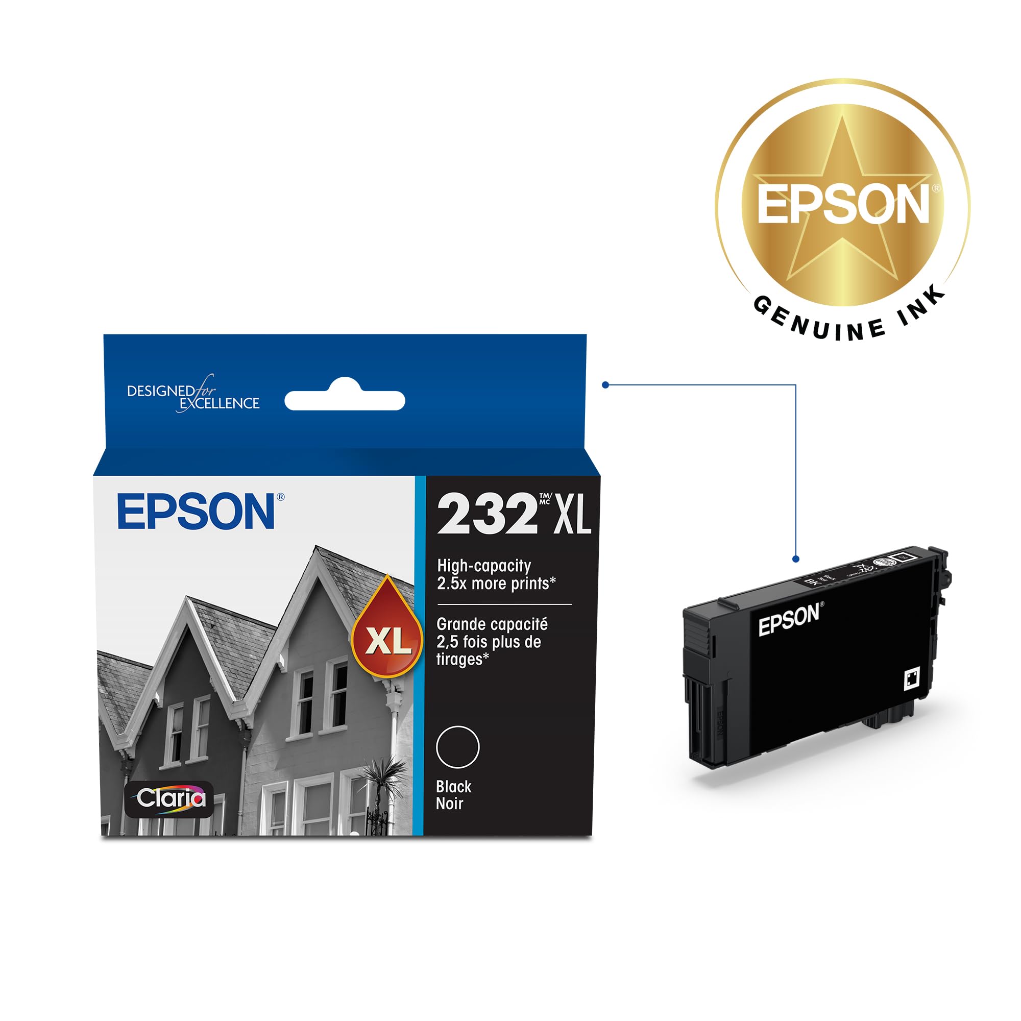 Epson 232 cartridge close-up highlighting chip and nozzle for accurate printer communication