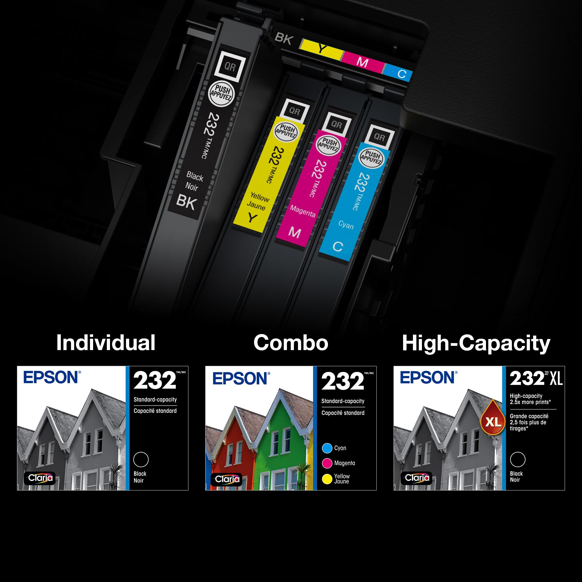 Epson 232 next to a ruler for scale showing high-capacity size and longer run between replacements