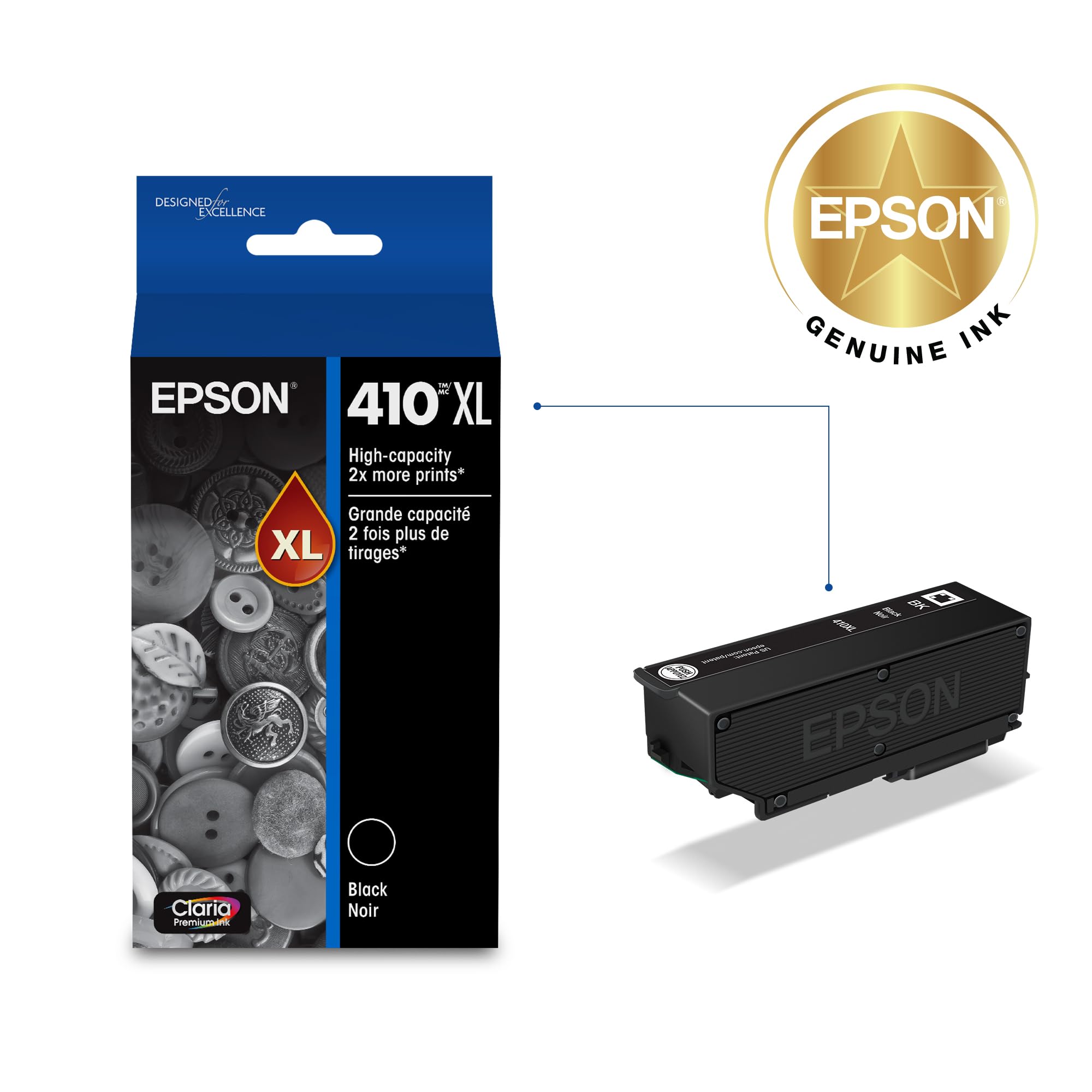 Epson 410 cartridge close-up highlighting label and nozzle for easy installation