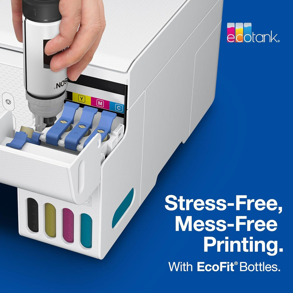 Epson bottle pouring into EcoTank reservoir showing quick refill benefit