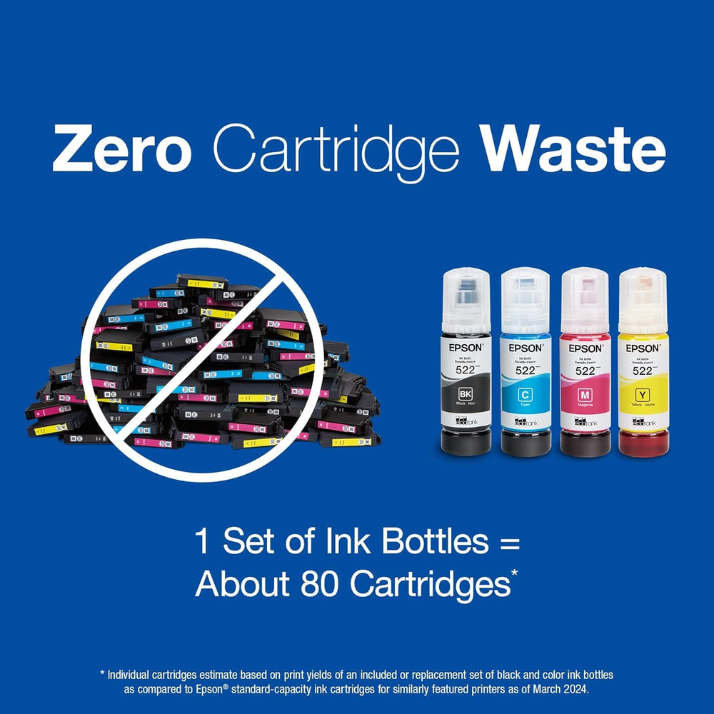 Epson bottles beside printer in office showing fewer interruptions and cost benefit