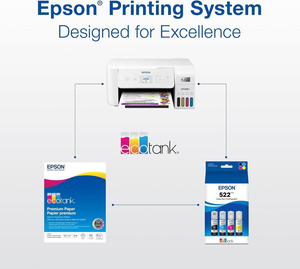 Epson printed sample pages showing vivid color and consistent output benefit