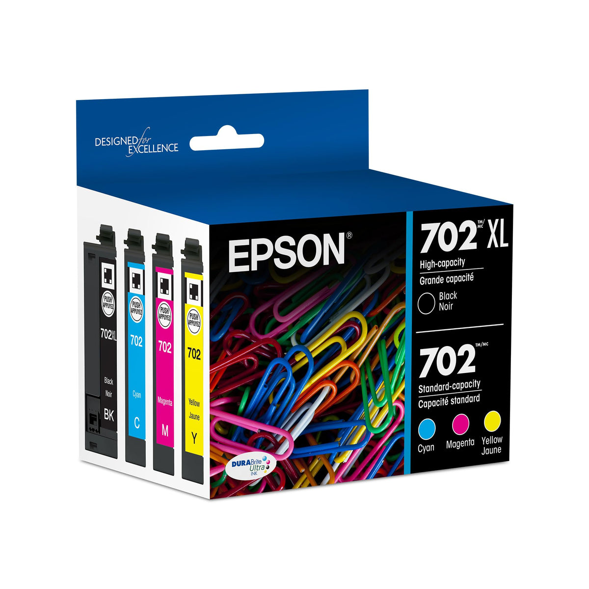Epson 702 front packaging showing combo pack and benefit of genuine ink