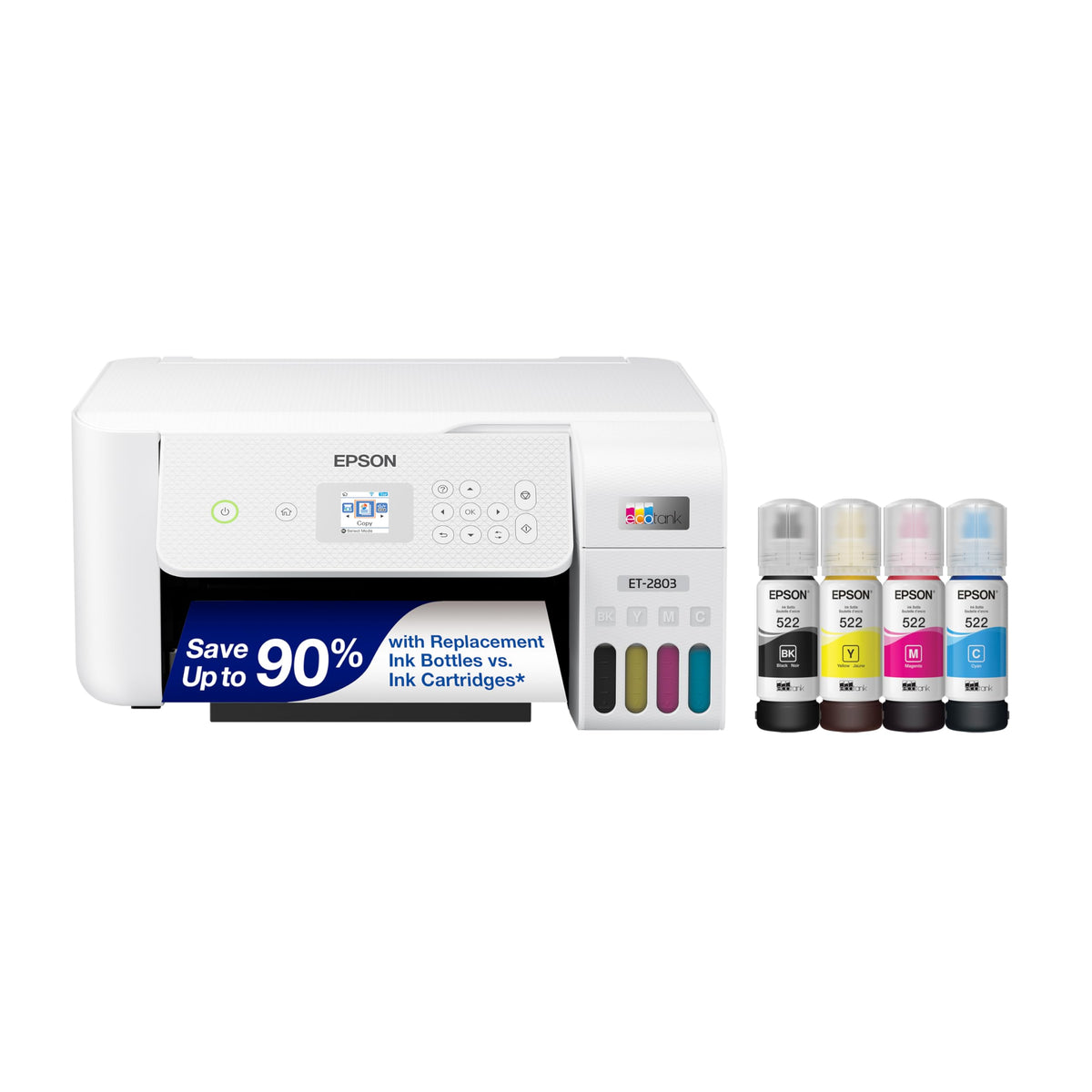 Epson ET-2803 front view showing compact all-in-one design and paper tray benefit