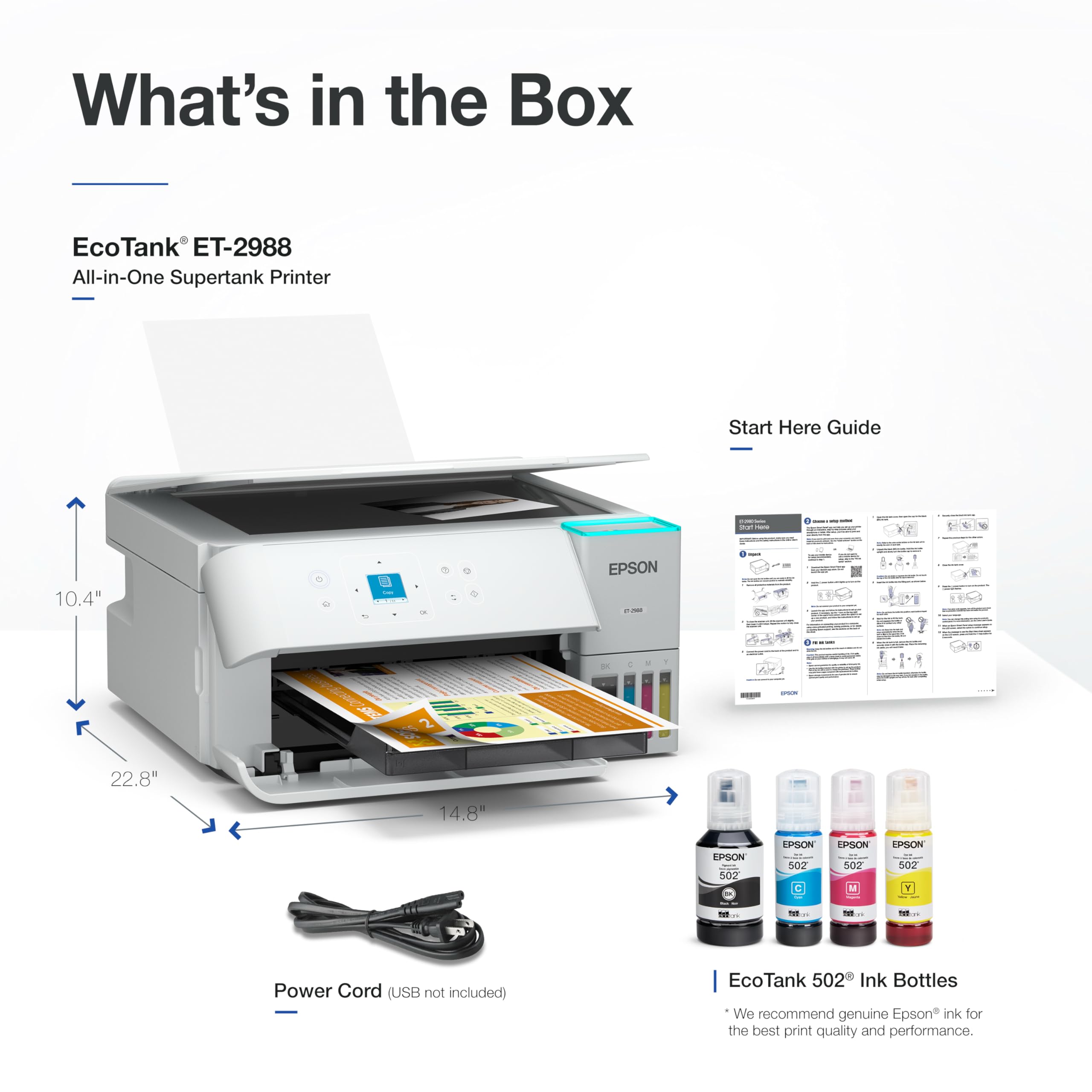 Epson ET-2988 retail box with ink bottles showing long-lasting ink supply benefit