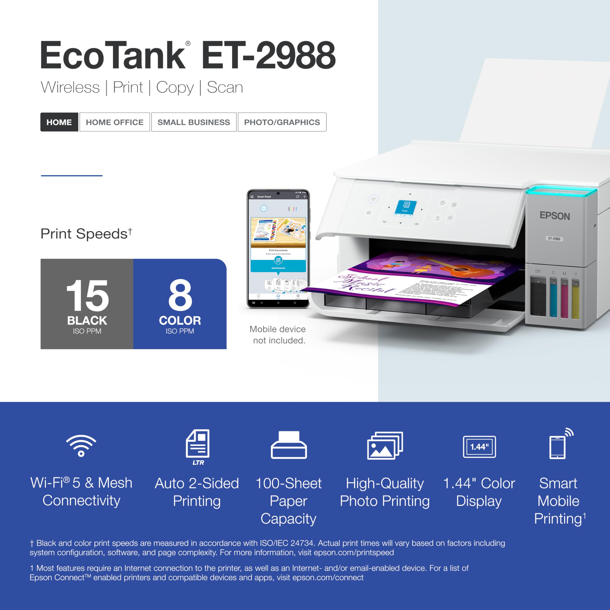 Epson ET-2988 beside a hand for scale showing compact footprint benefit