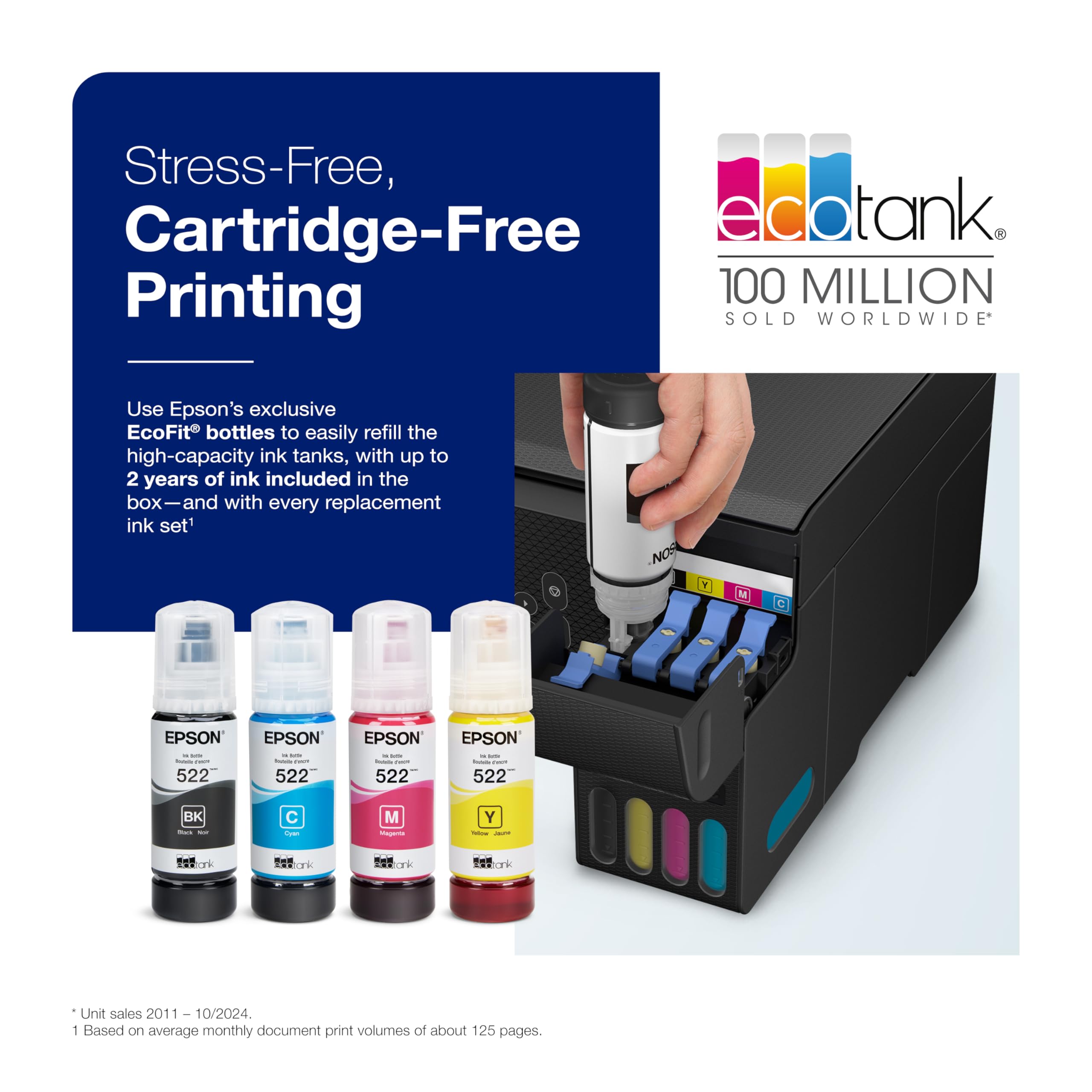 Epson ET-2800 ink tank closeup highlighting refillable system and cost savings