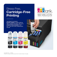 Epson ET-2800 ink tank closeup highlighting refillable system and cost savings
