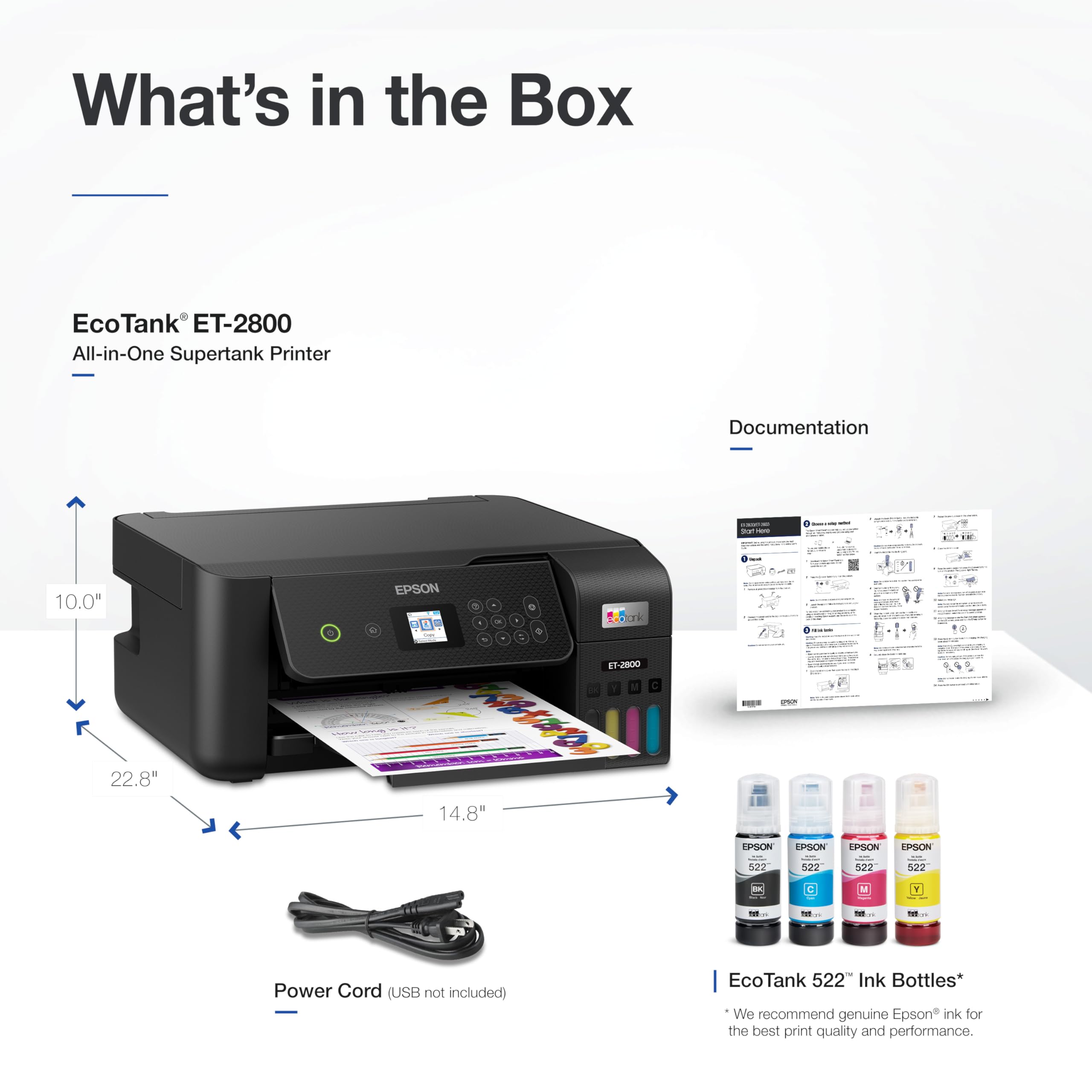 Epson ET-2800 placed beside a book to show compact size and space savings