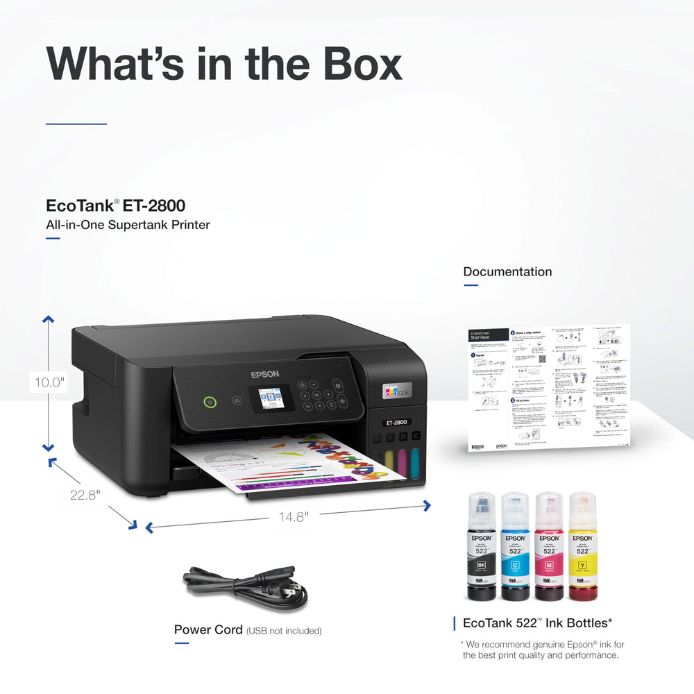 Epson ET-2800 placed beside a book to show compact size and space savings