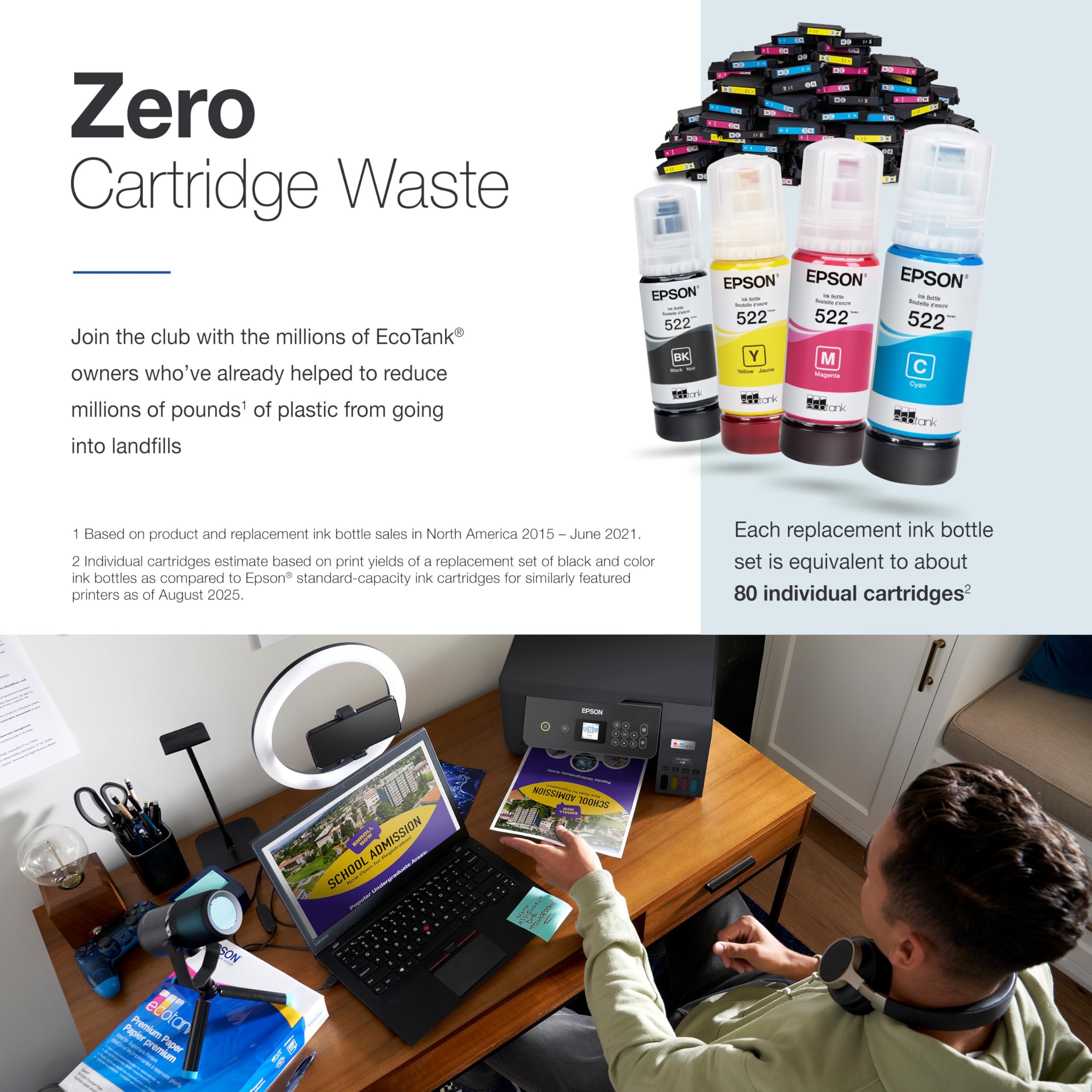 Epson ET-2800 side profile with paper output illustrating fast reliable printing