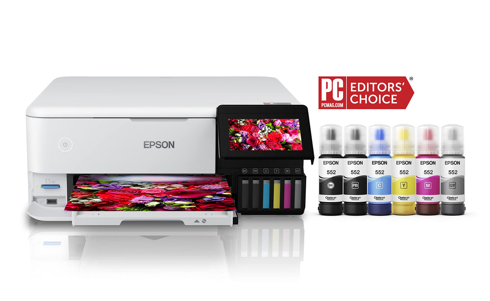 Epson ET-8500 visible ink tanks close-up highlighting refill ease and cost savings