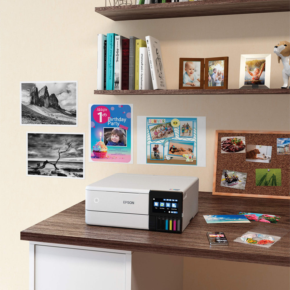 Epson ET-8500 on a desk with prints and laptop showing small-studio workflow benefits