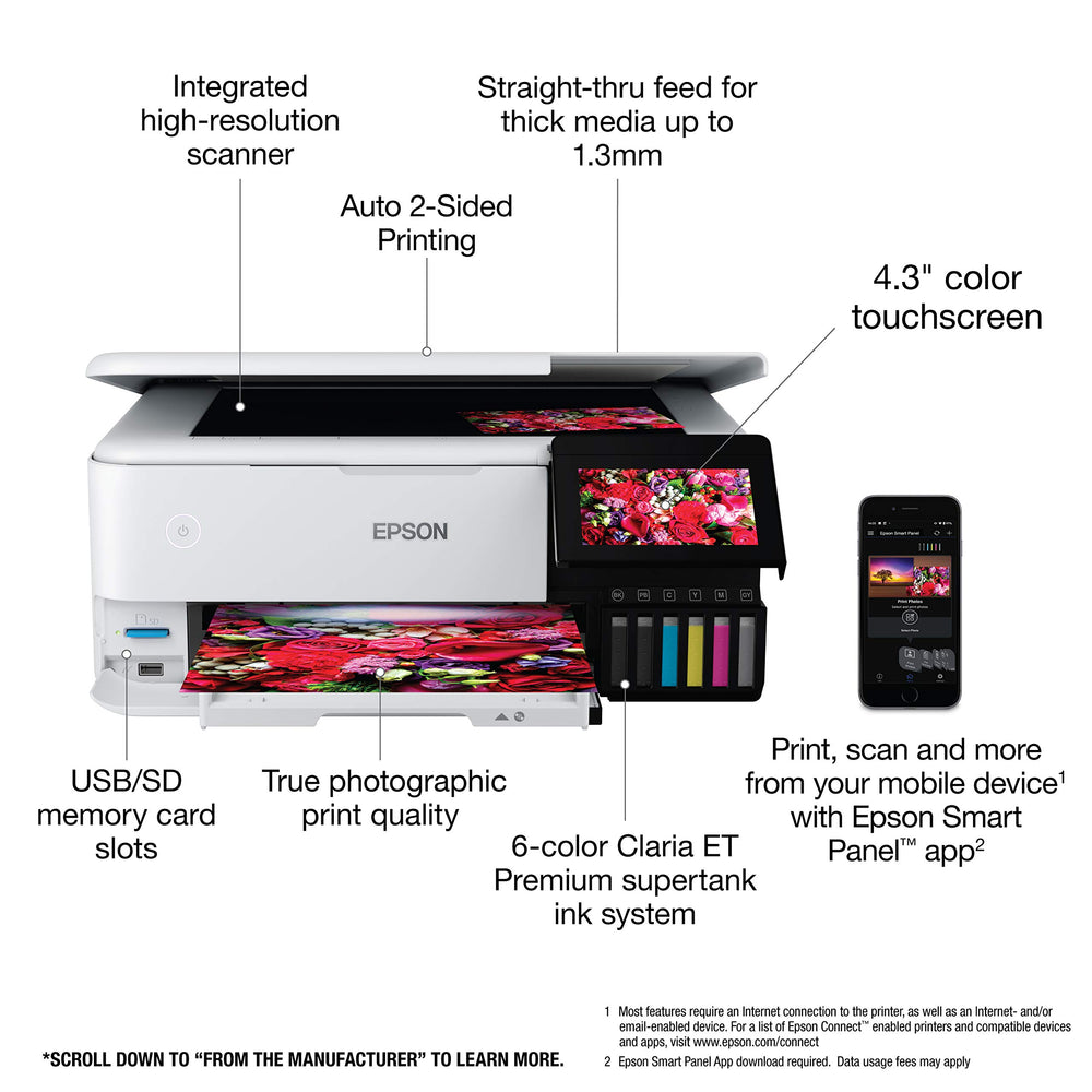 Epson ET-8500 producing borderless photo illustrating vibrant color and edge-to-edge prints