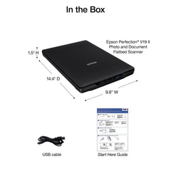 Epson V19 II high-rise lid with book positioned for scanning thick originals with improved clearance