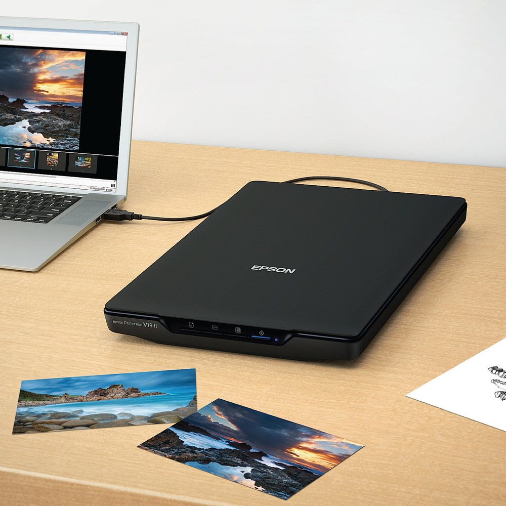 Epson V19 II USB-powered cable connection showing easy setup and portability with Epson