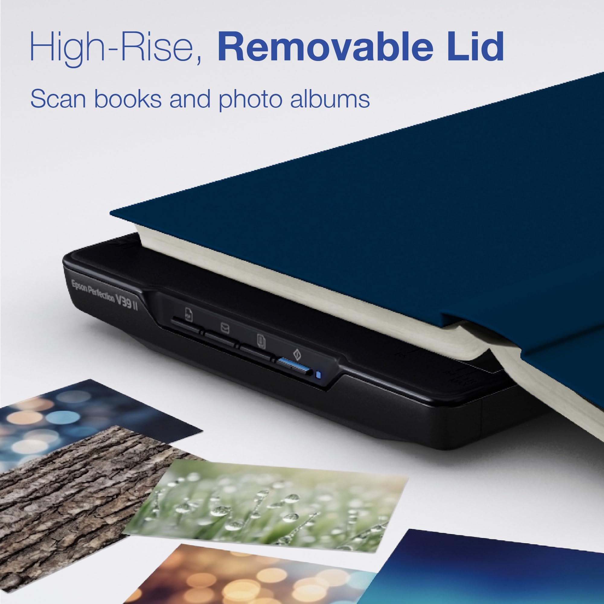 Epson V39 II with high-rise removable lid scanning thick book pages easily