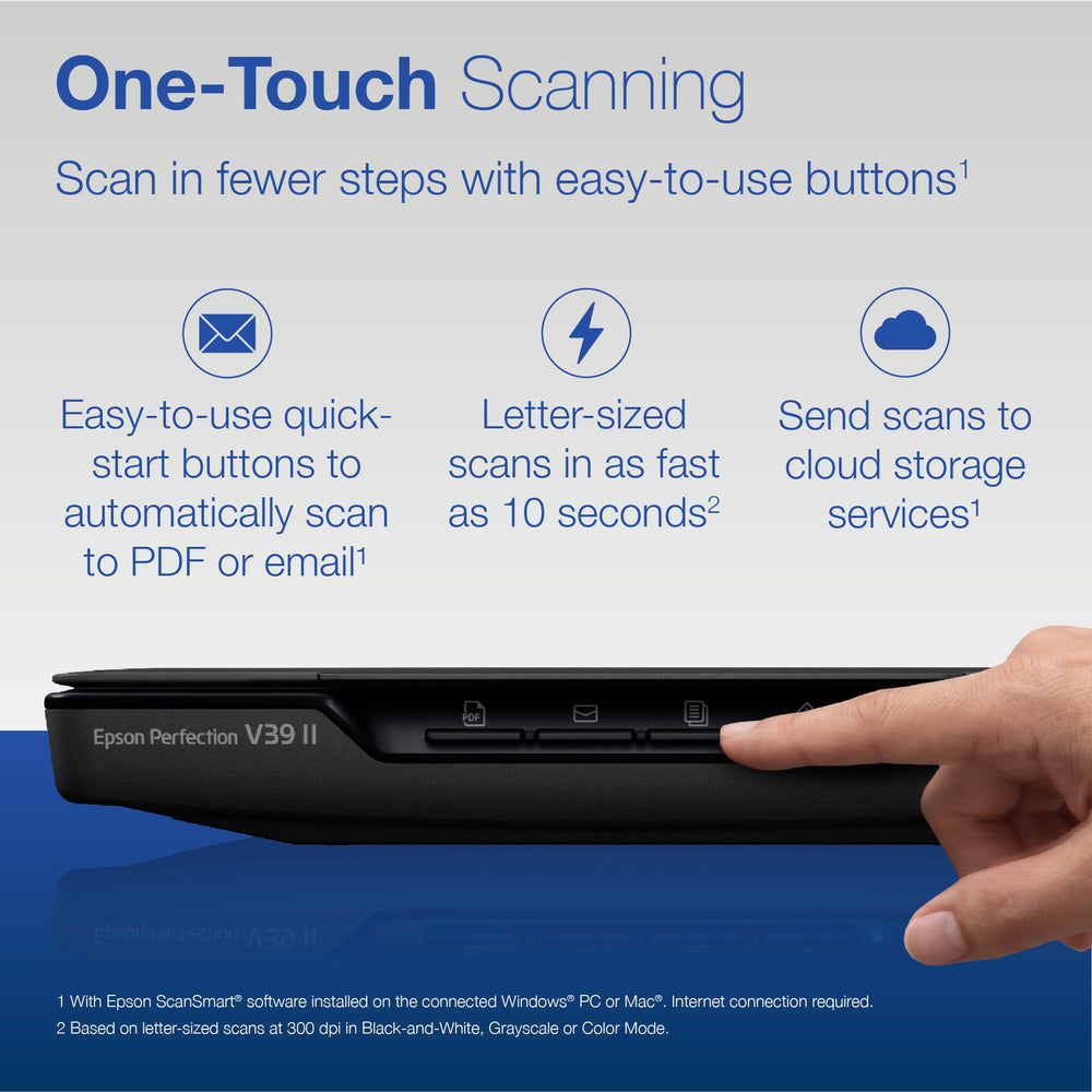 Epson V39 II connected to laptop showing ScanSmart workflow and quick exports