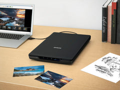 Epson V39 II open with photo on glass demonstrating one-touch scanning convenience