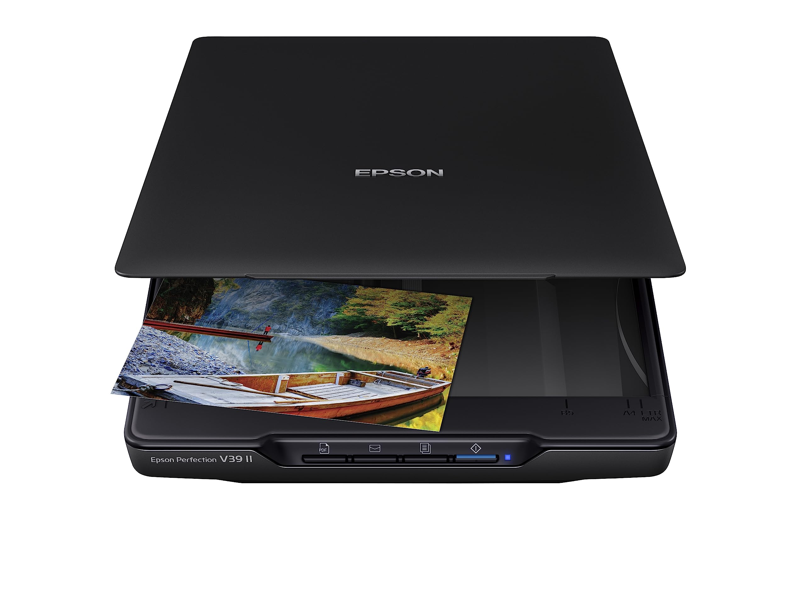 Epson V39 II top view showing flatbed and sleek compact design for space saving