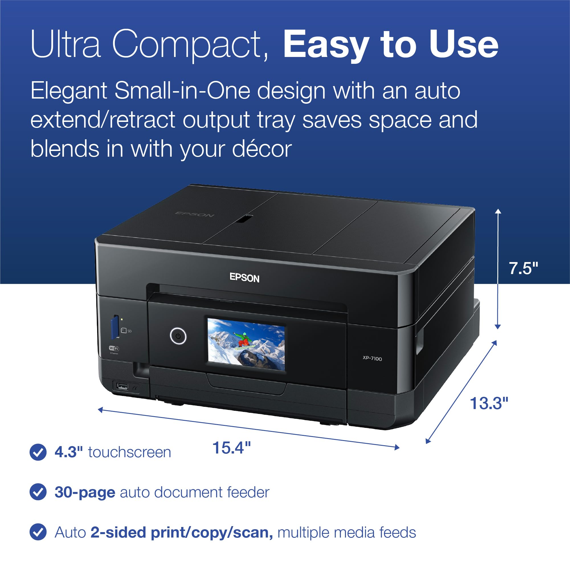 Epson XP-7100 auto document feeder and paper tray open, speeds multi-page scanning