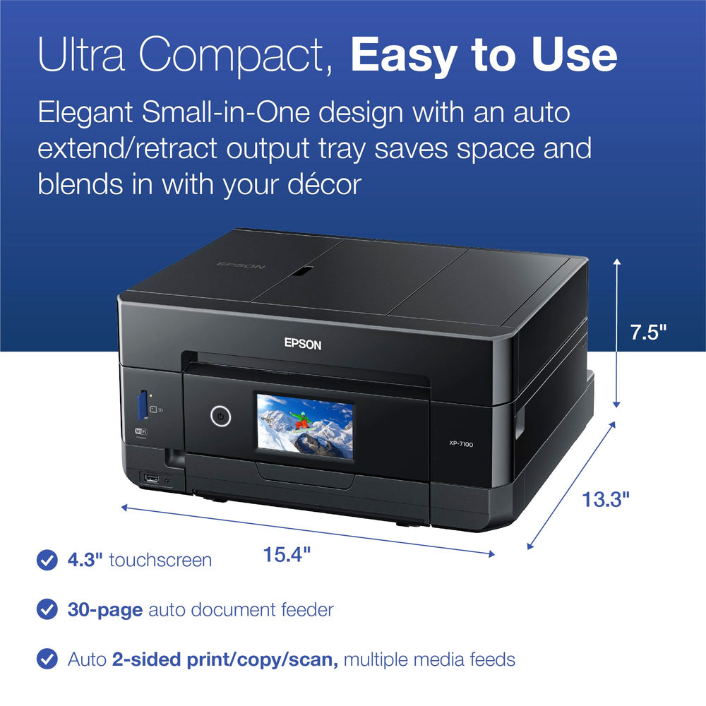 Epson XP-7100 auto document feeder and paper tray open, speeds multi-page scanning