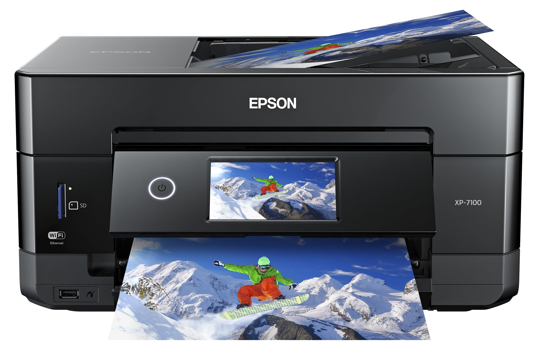 Epson XP-7100 front view showing compact design and control panel, ideal for home offices
