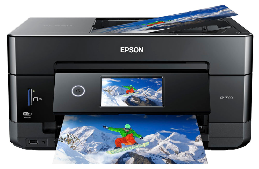 Epson XP-7100 front view showing compact design and control panel, ideal for home offices