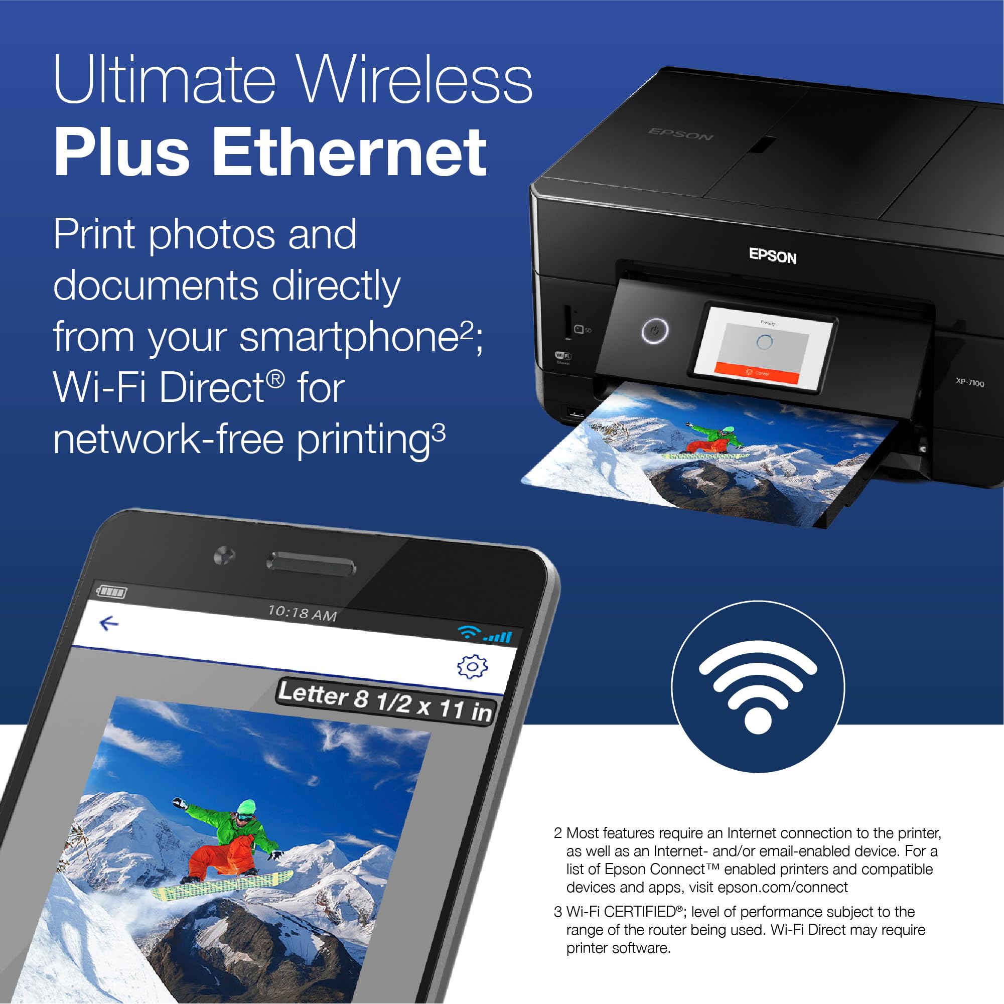 Epson XP-7100 on a home desk beside laptop, compact footprint saves workspace