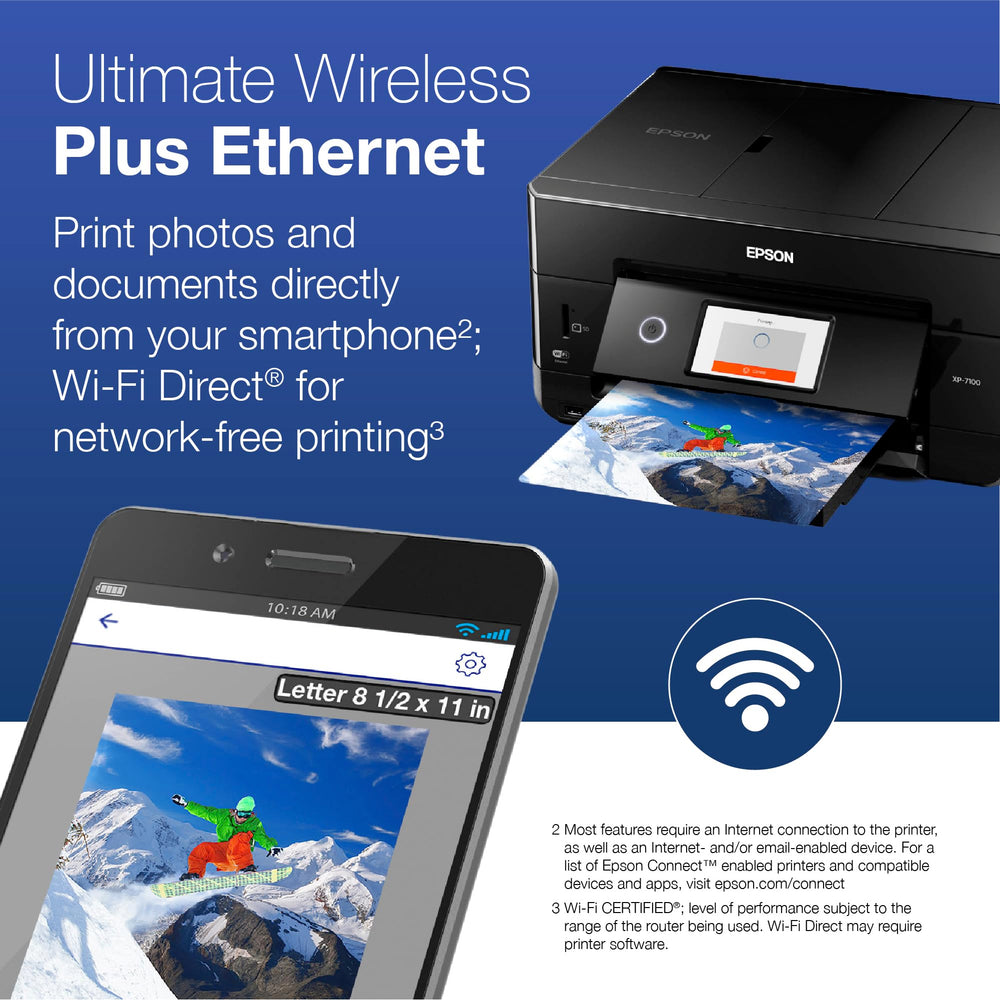 Epson XP-7100 on a home desk beside laptop, compact footprint saves workspace