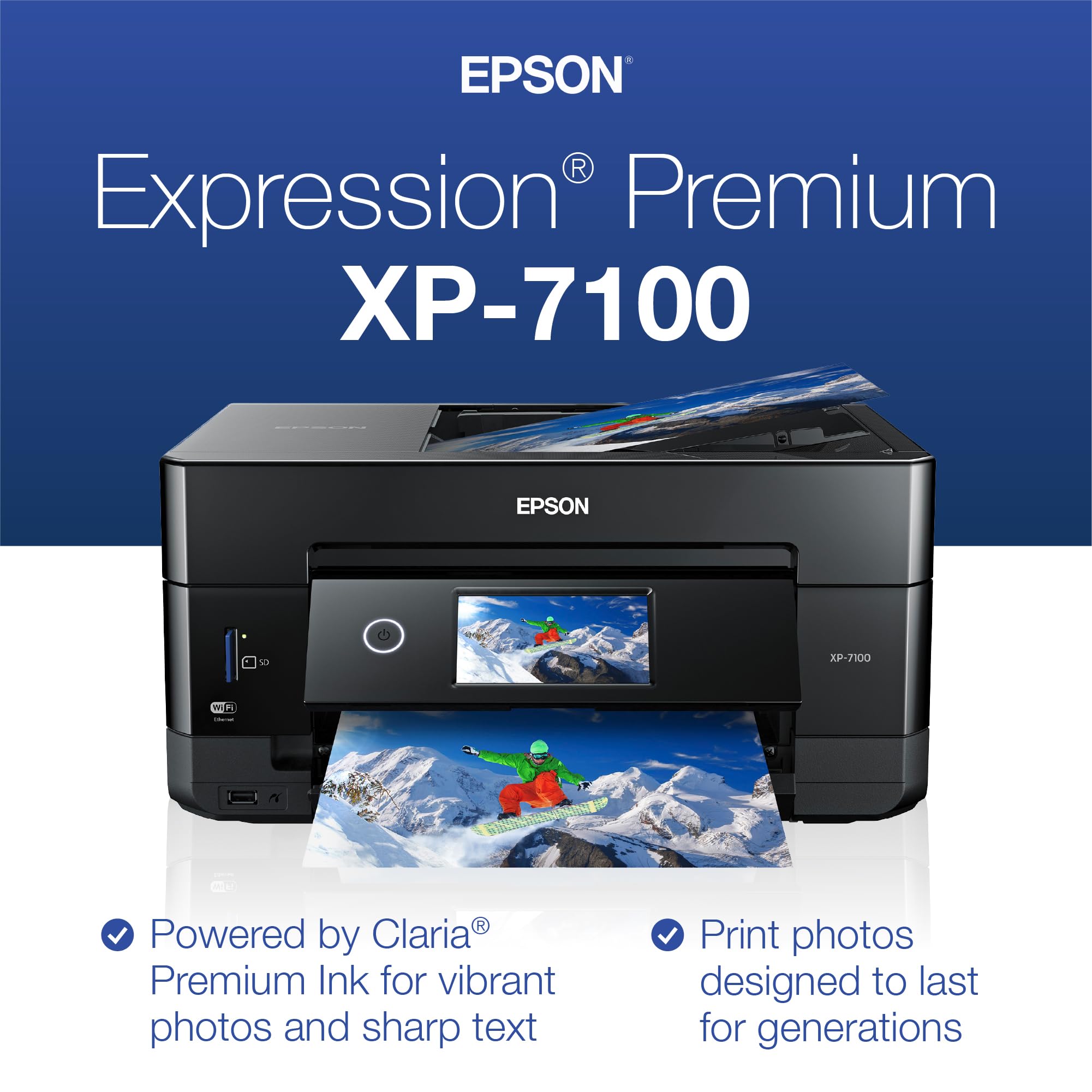 Epson XP-7100 4.3-inch touchscreen closeup with photo preview, simplifies on‑printer edits