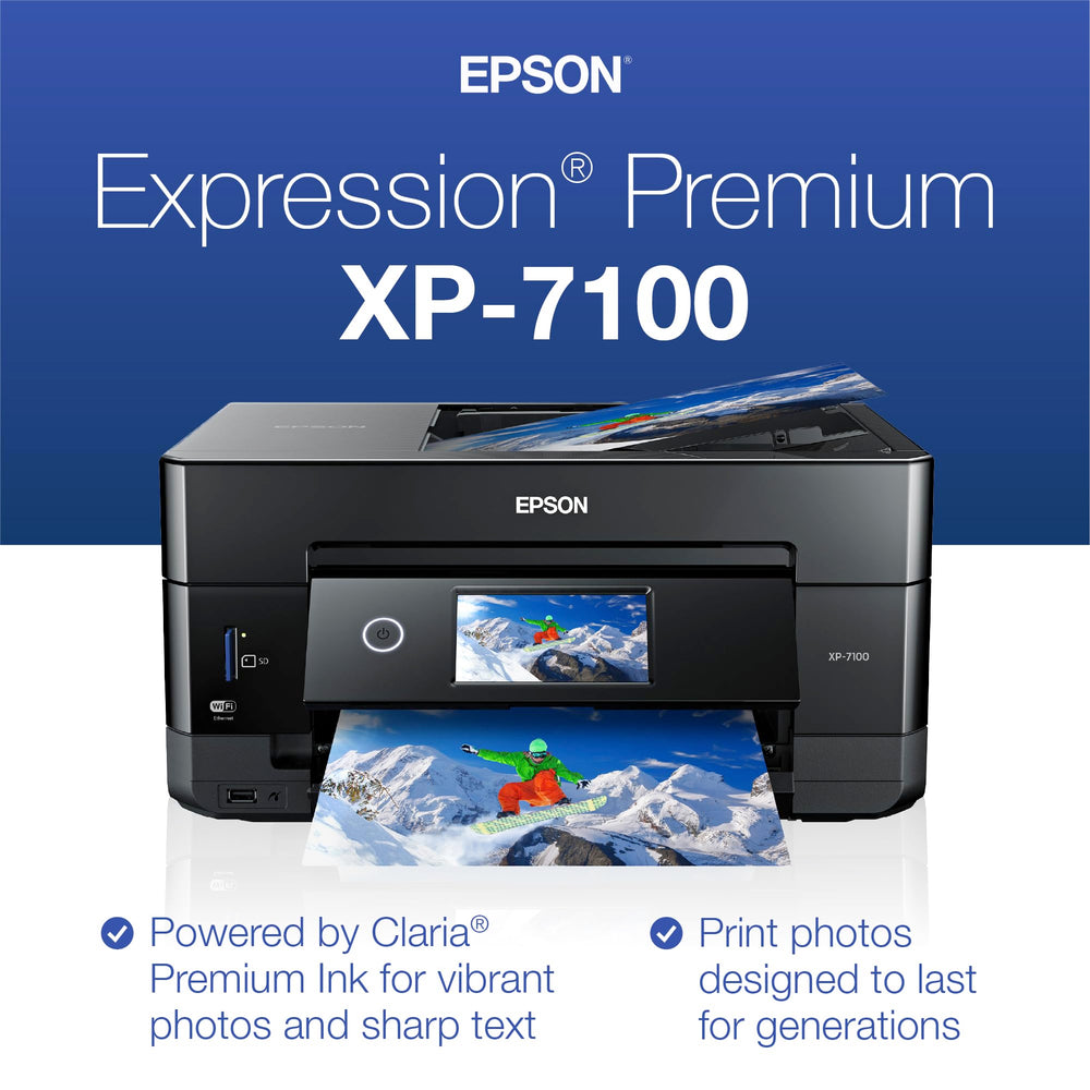 Epson XP-7100 4.3-inch touchscreen closeup with photo preview, simplifies on‑printer edits