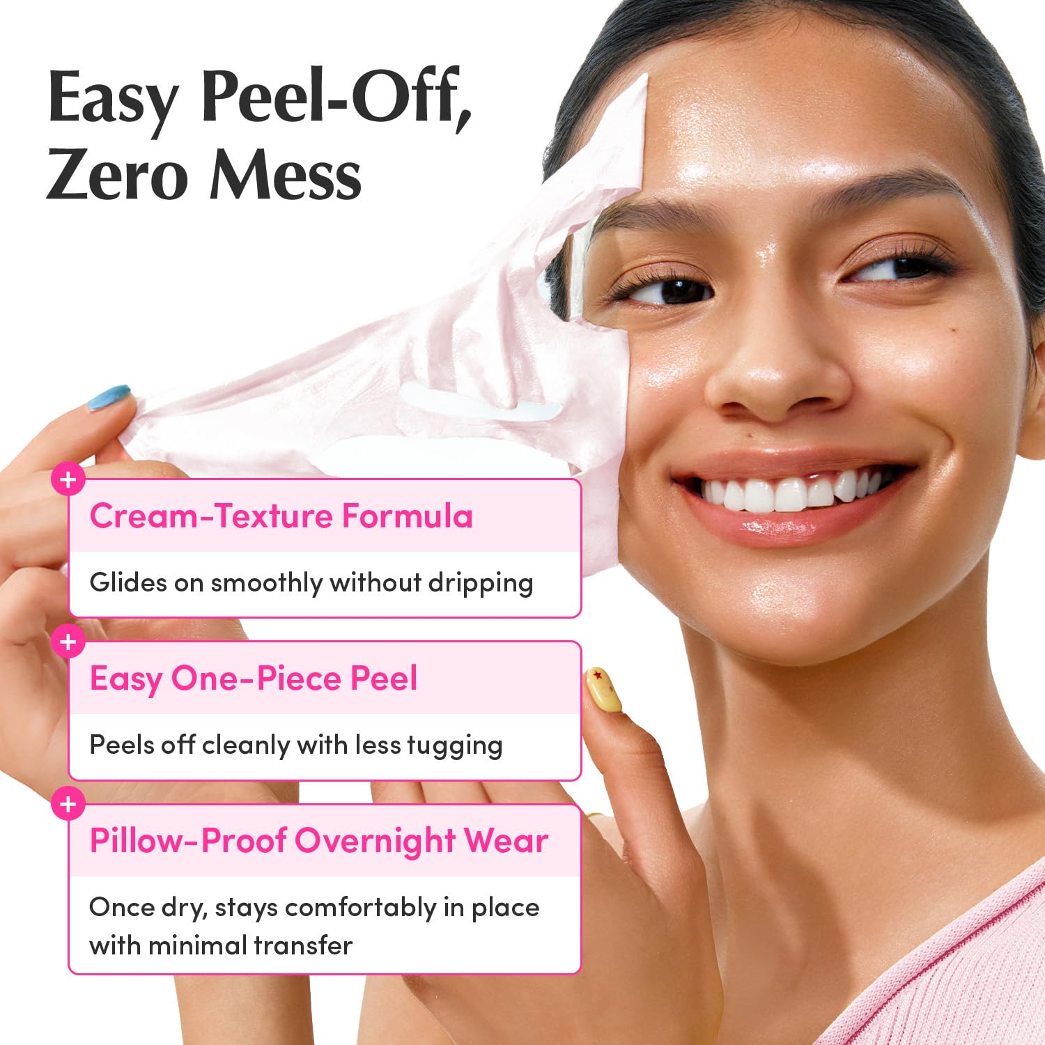 EQQUALBERRY peeling off mask in one piece illustrating gentle removal and minimal tugging