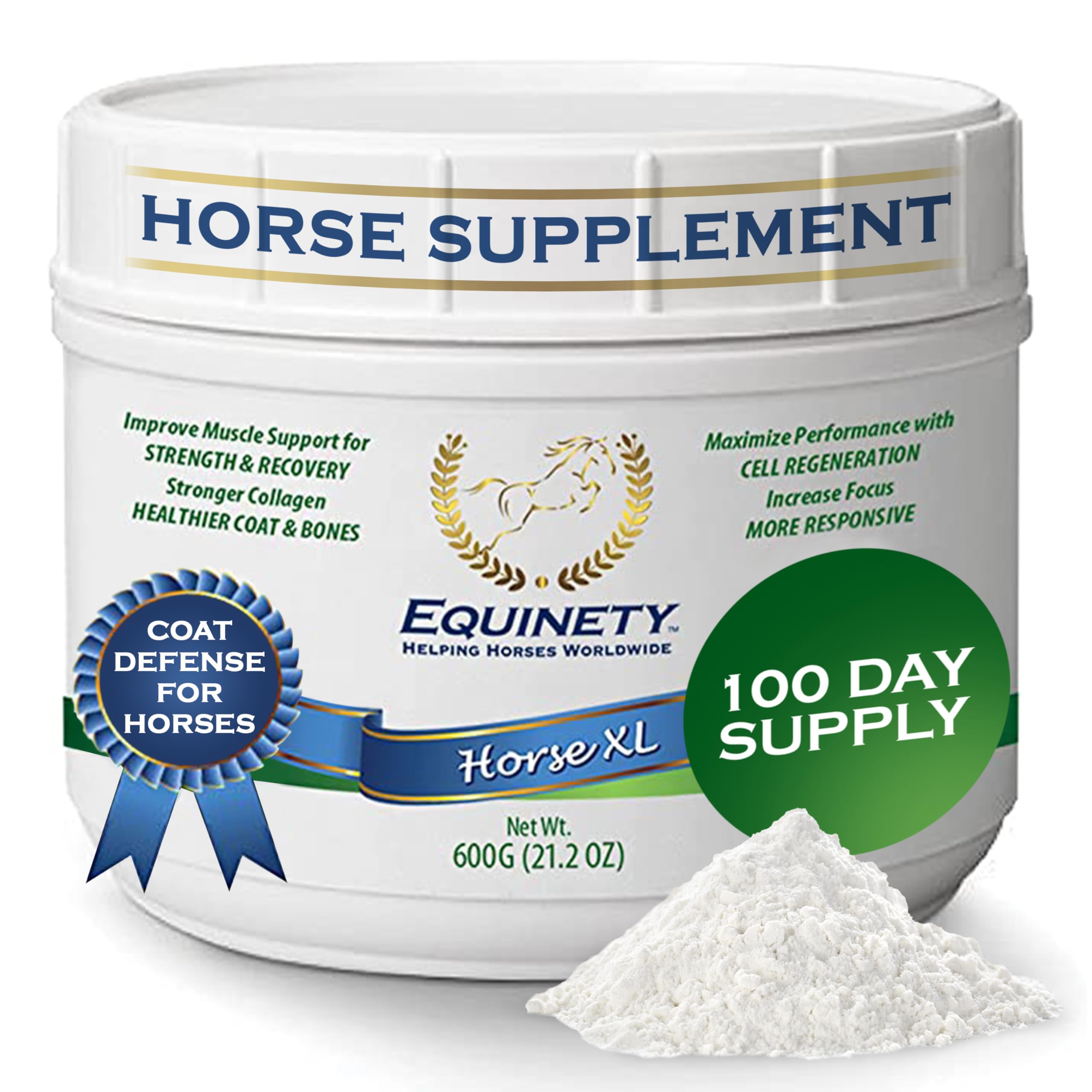 Equinety front tub view showing supplement packaging and clear dosing information