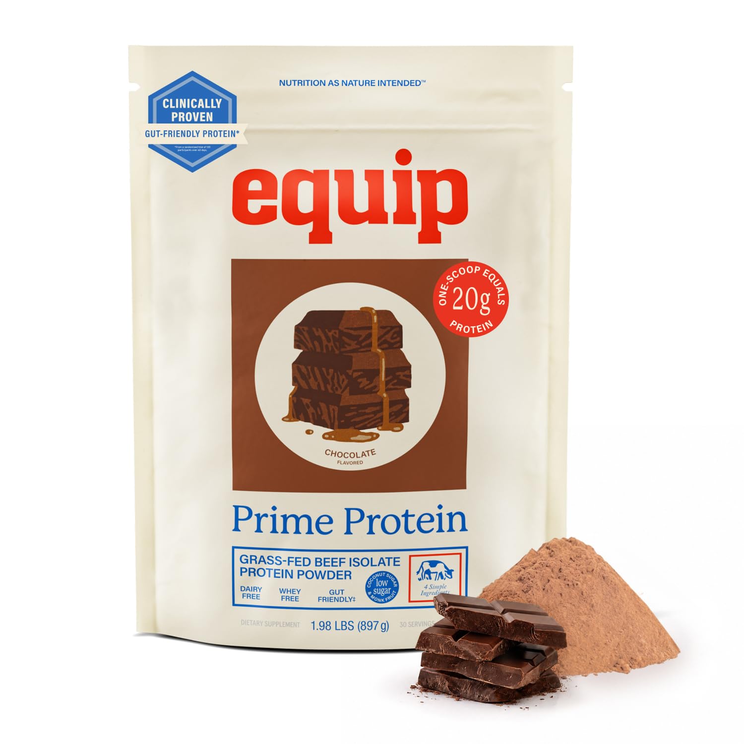 Equip Prime front pouch showing chocolate label and servings benefit