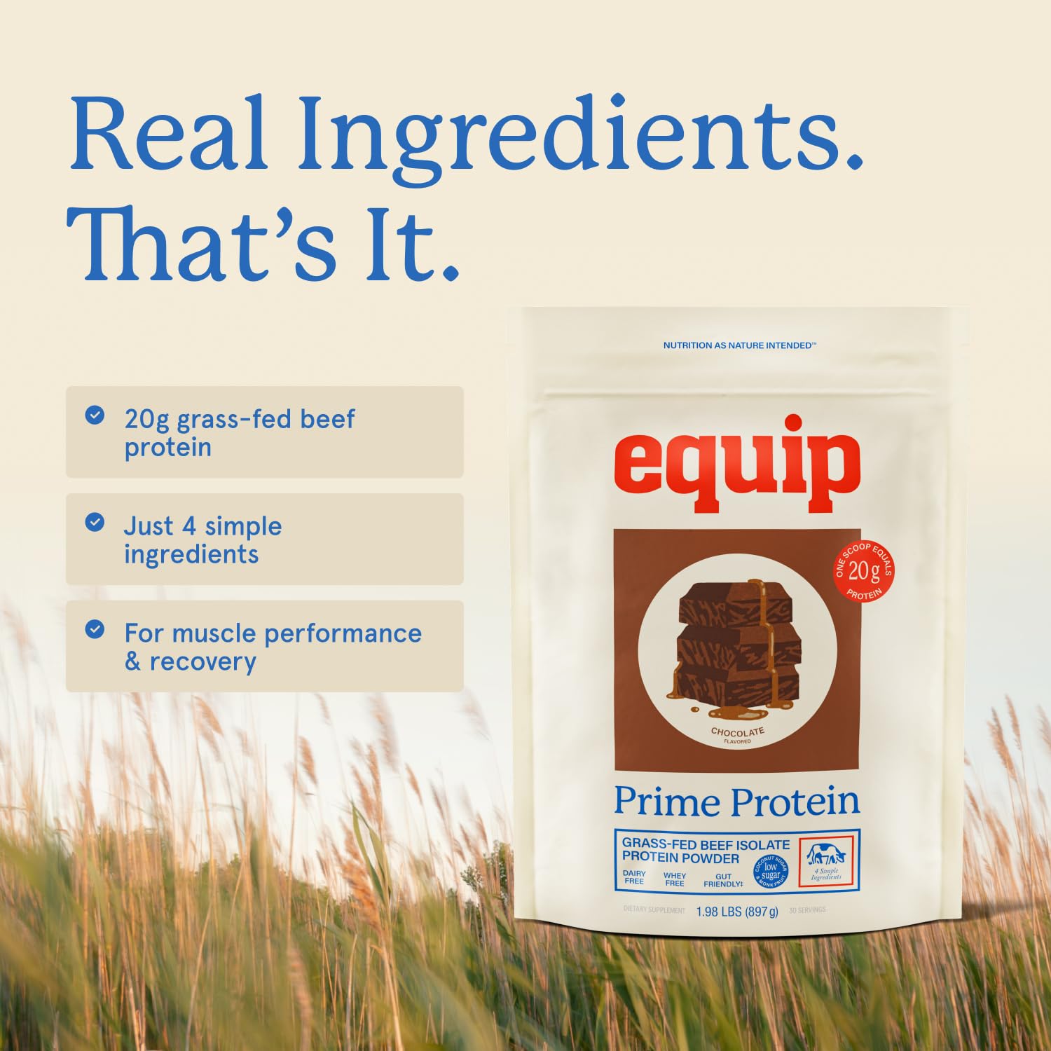 Equip Prime ingredient display with pasture imagery highlighting grass-fed sourcing