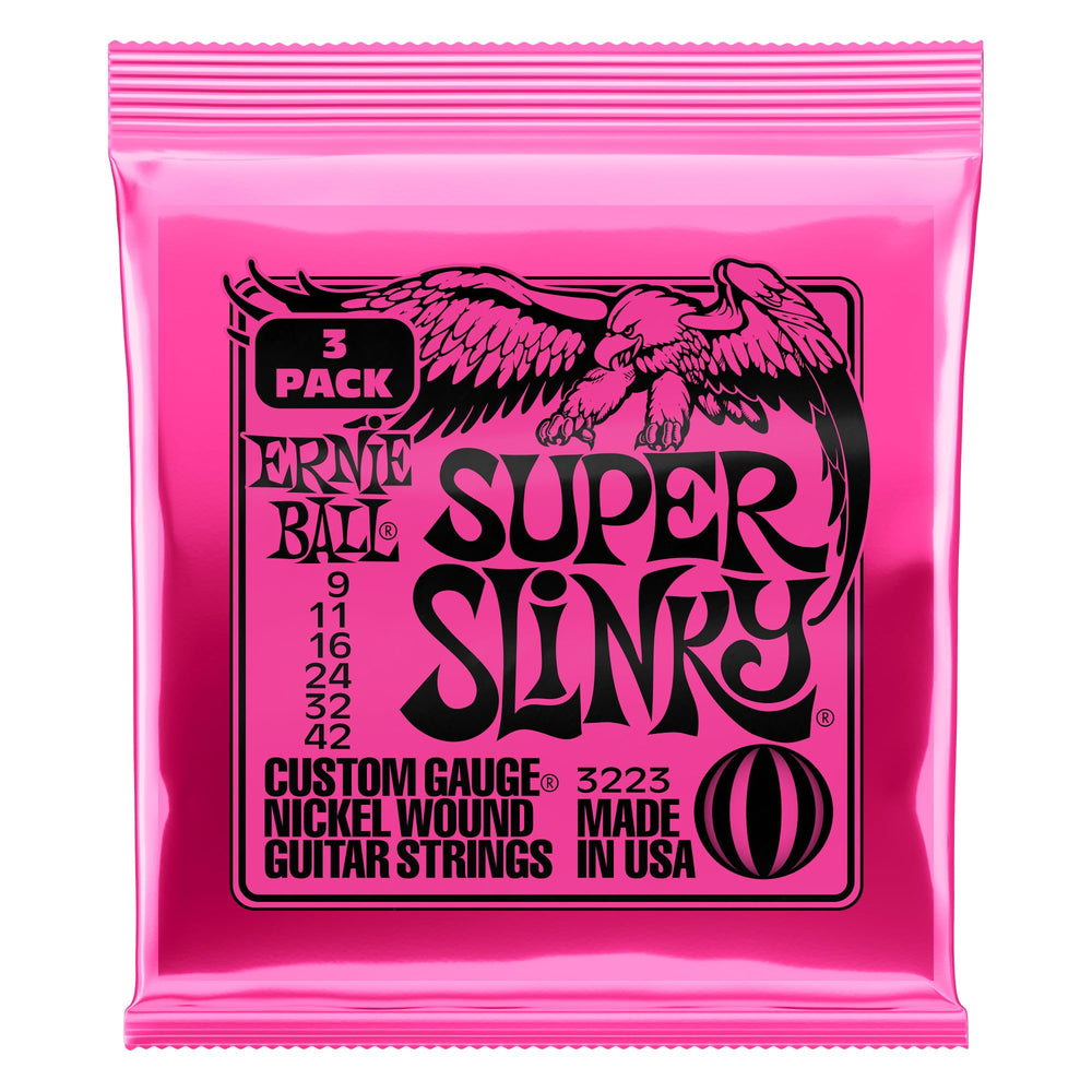 Ernie Ball three-pack front packaging showing brand and fresh strings benefit