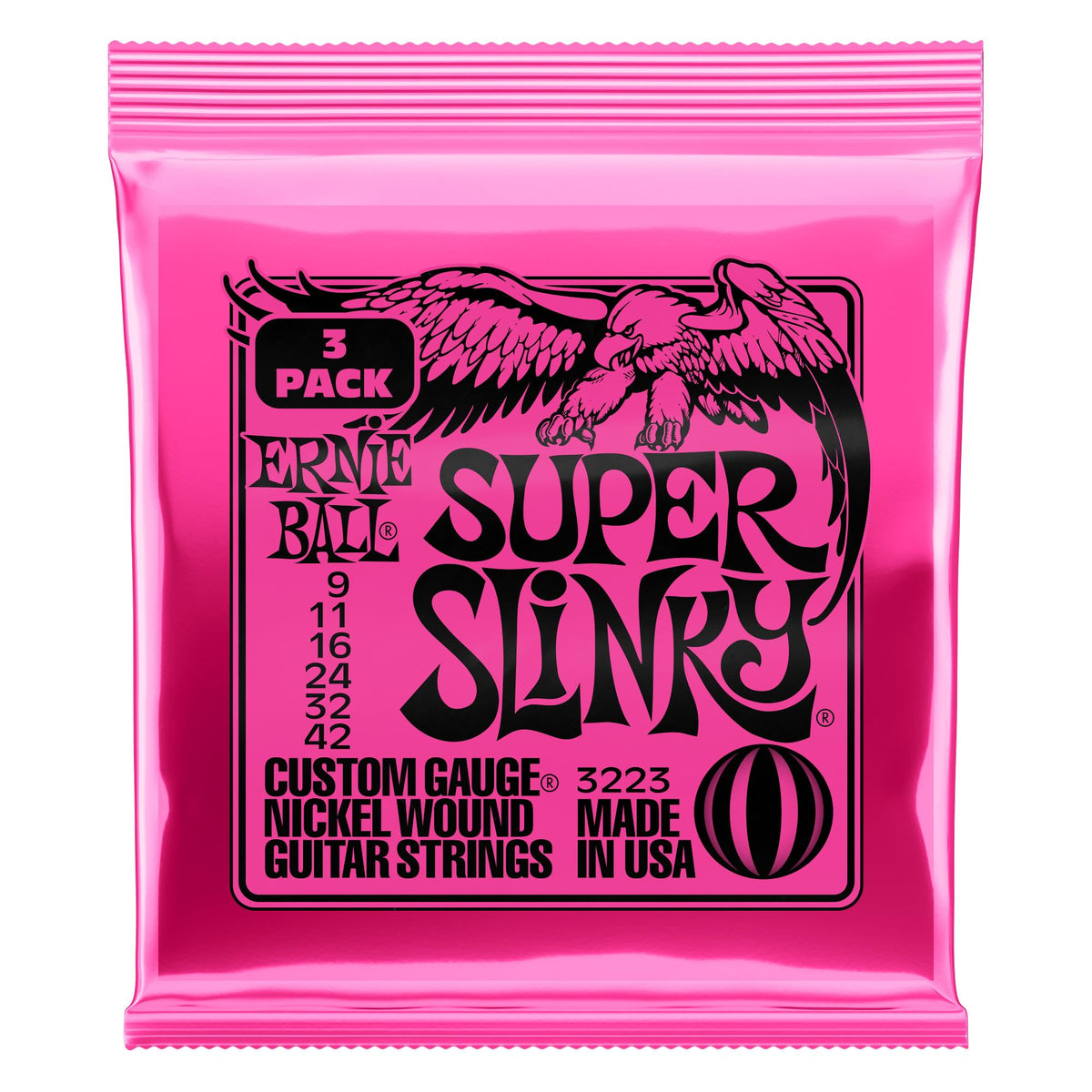 Ernie Ball three-pack front packaging showing brand and fresh strings benefit