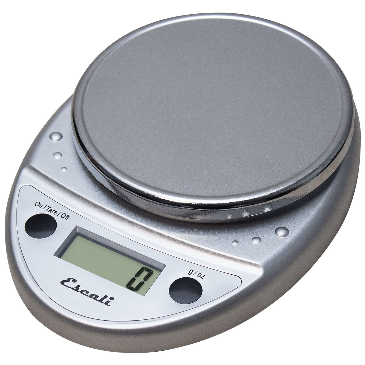 Escali Primo front view in chrome showing compact platform and clear display for accurate weighing