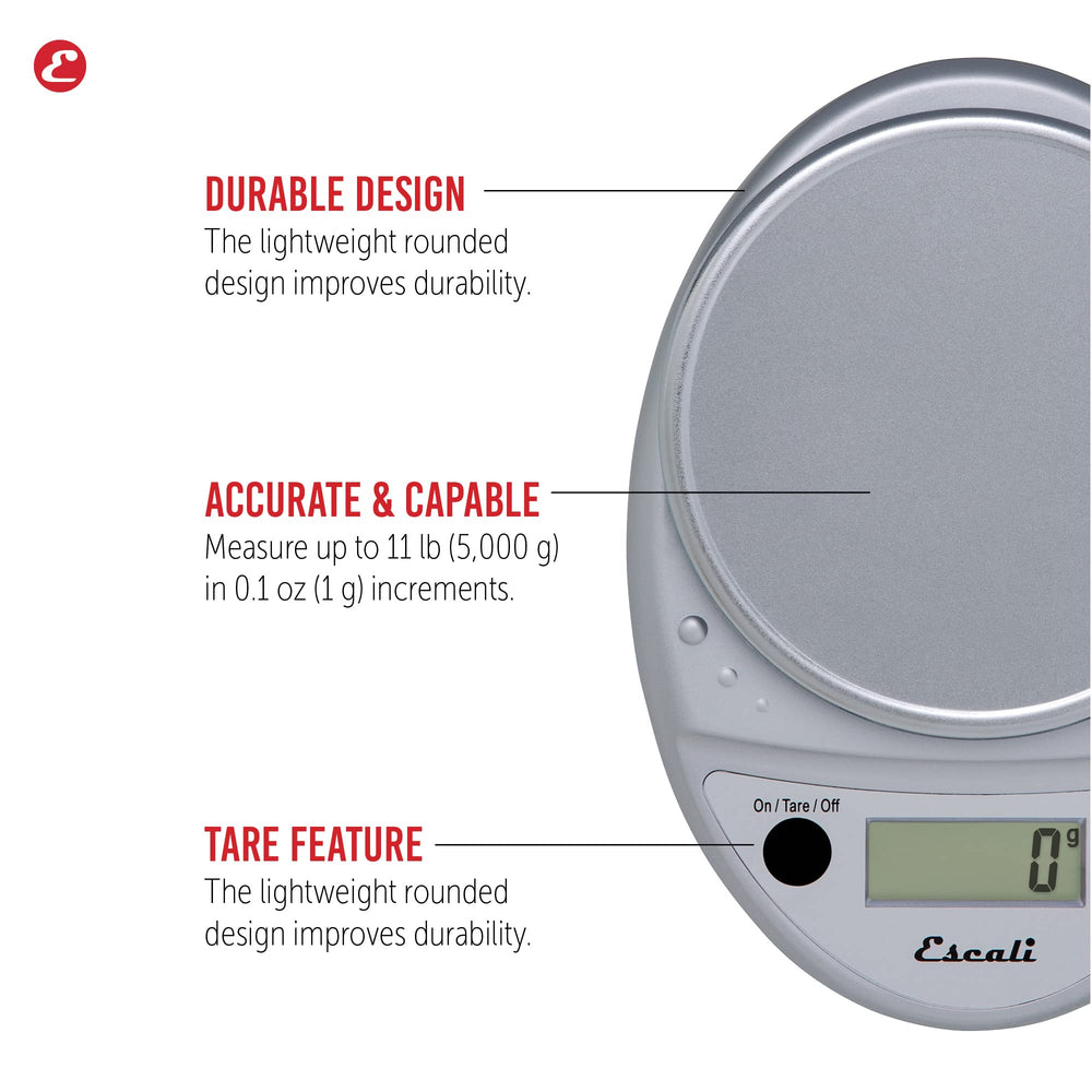 Escali Primo weighing flour in a bowl demonstrating precise measurements for baking consistency