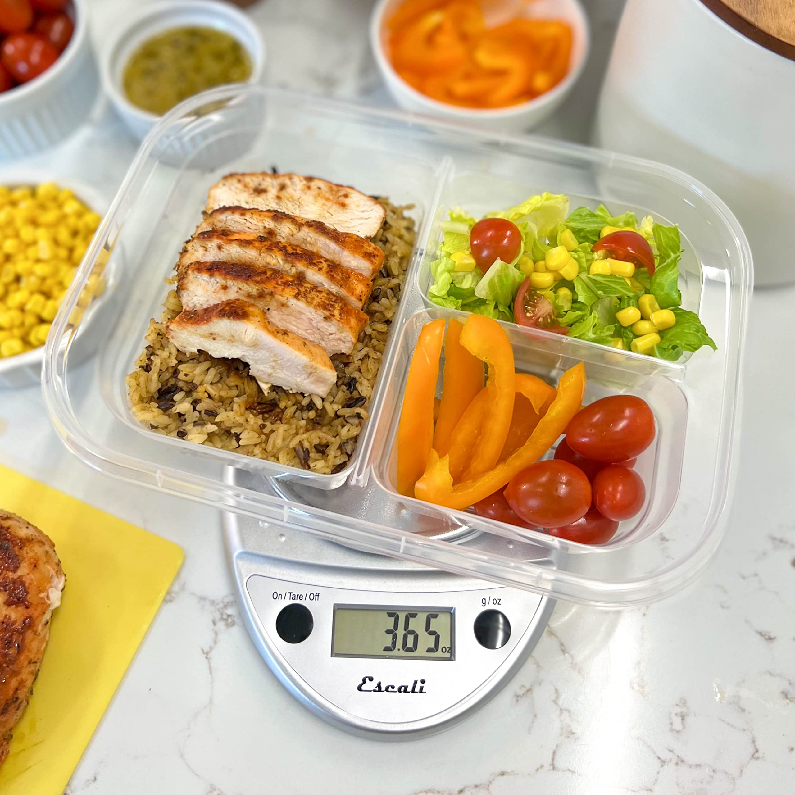 Escali Primo on a kitchen counter with ingredients showing everyday cooking and portion control use