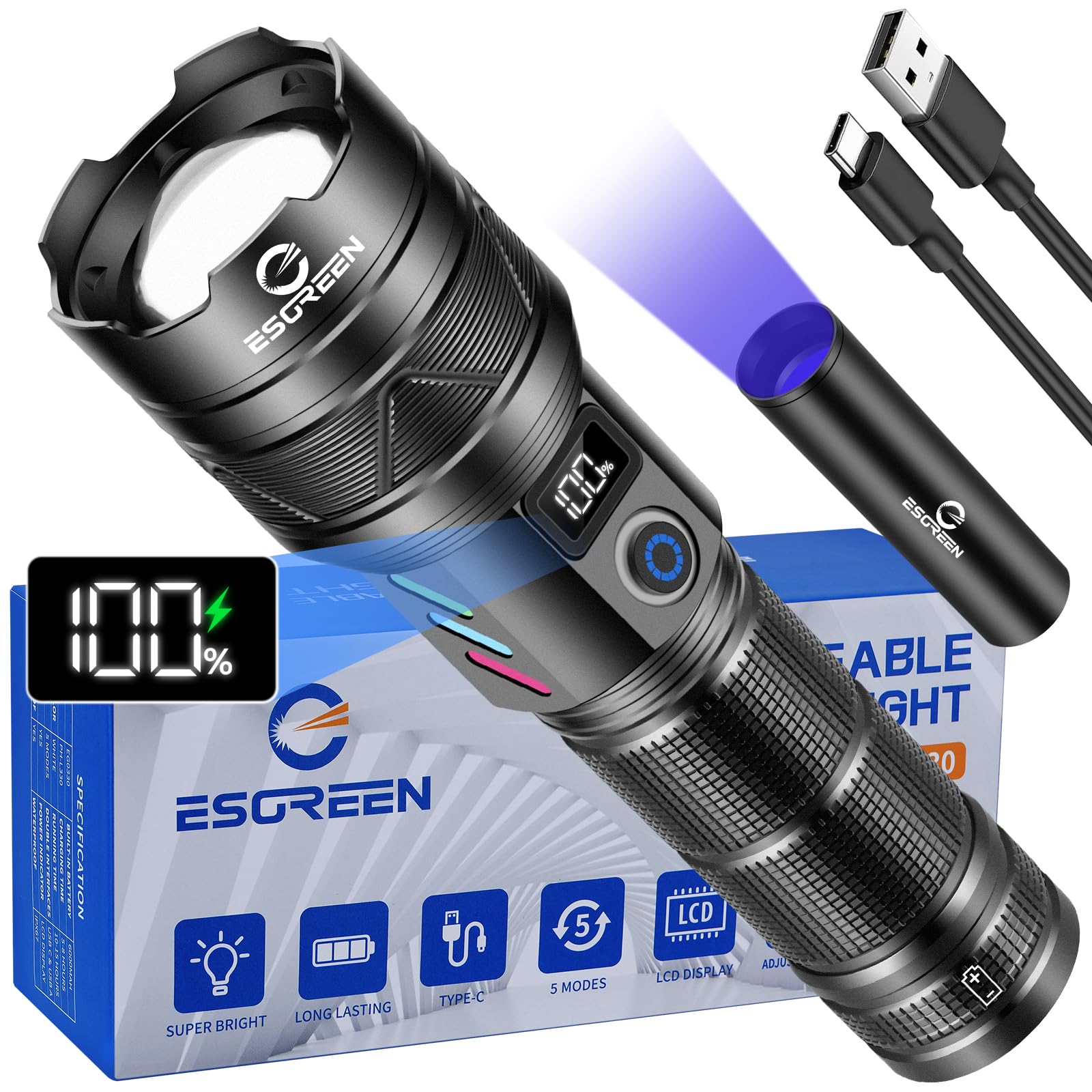 Esgreen flashlight front view showing bright LED and cooling fins for reliable illumination