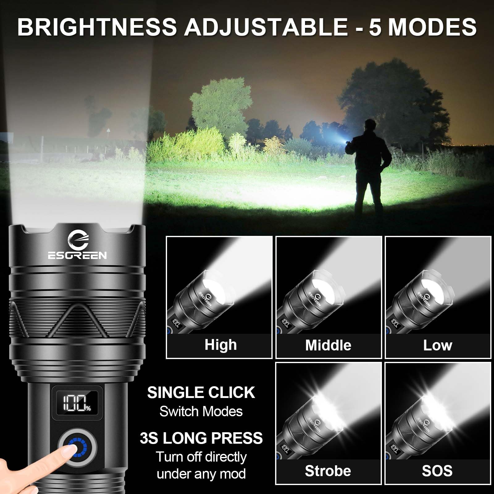 Esgreen zoomed spotlight beam hitting distant target to show long-range visibility benefit