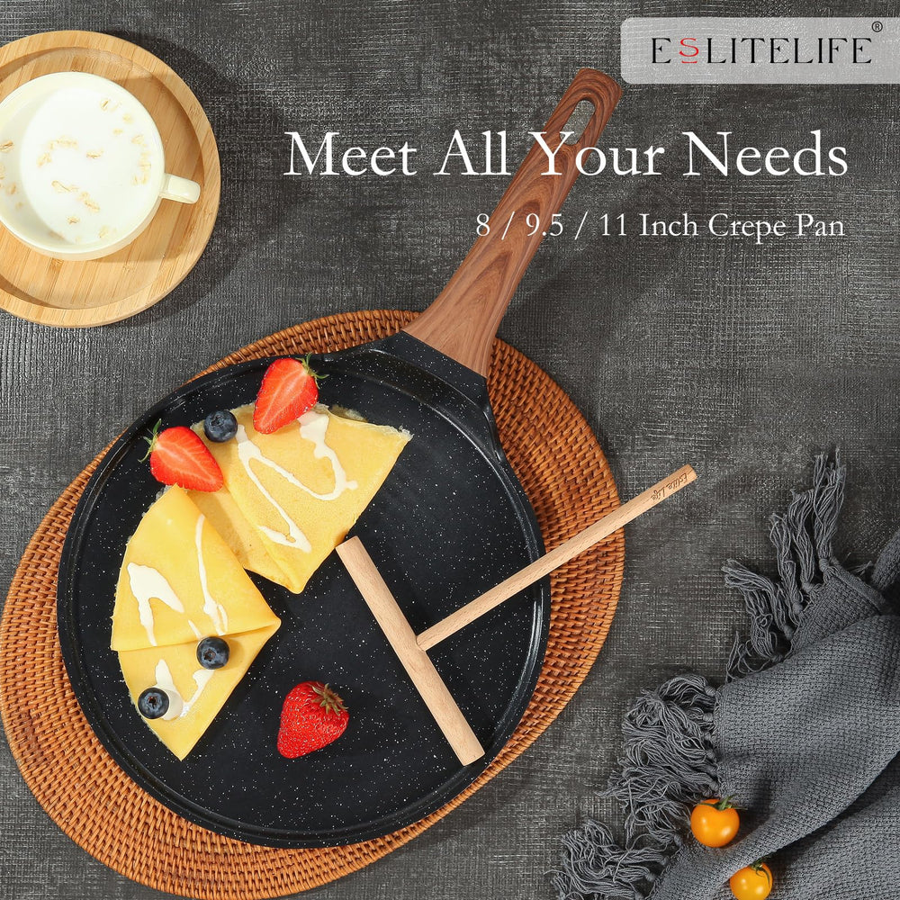 ESLITE LIFE pan on countertop with crepes and toppings in lifestyle setting, versatile cooking benefit