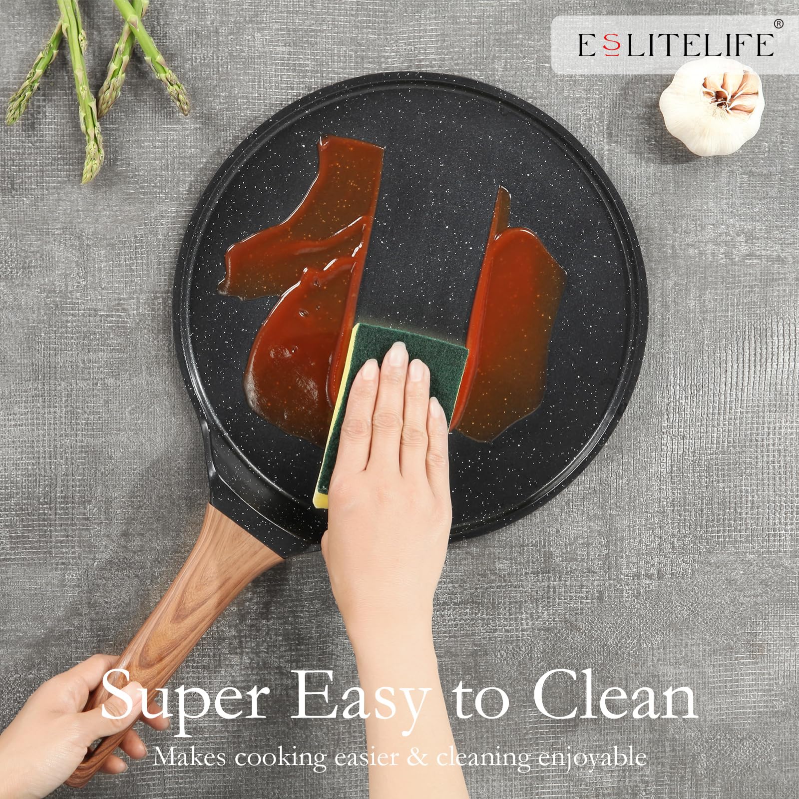 ESLITE LIFE pan next to dinner plate showing scale for correct portioning and storage ease