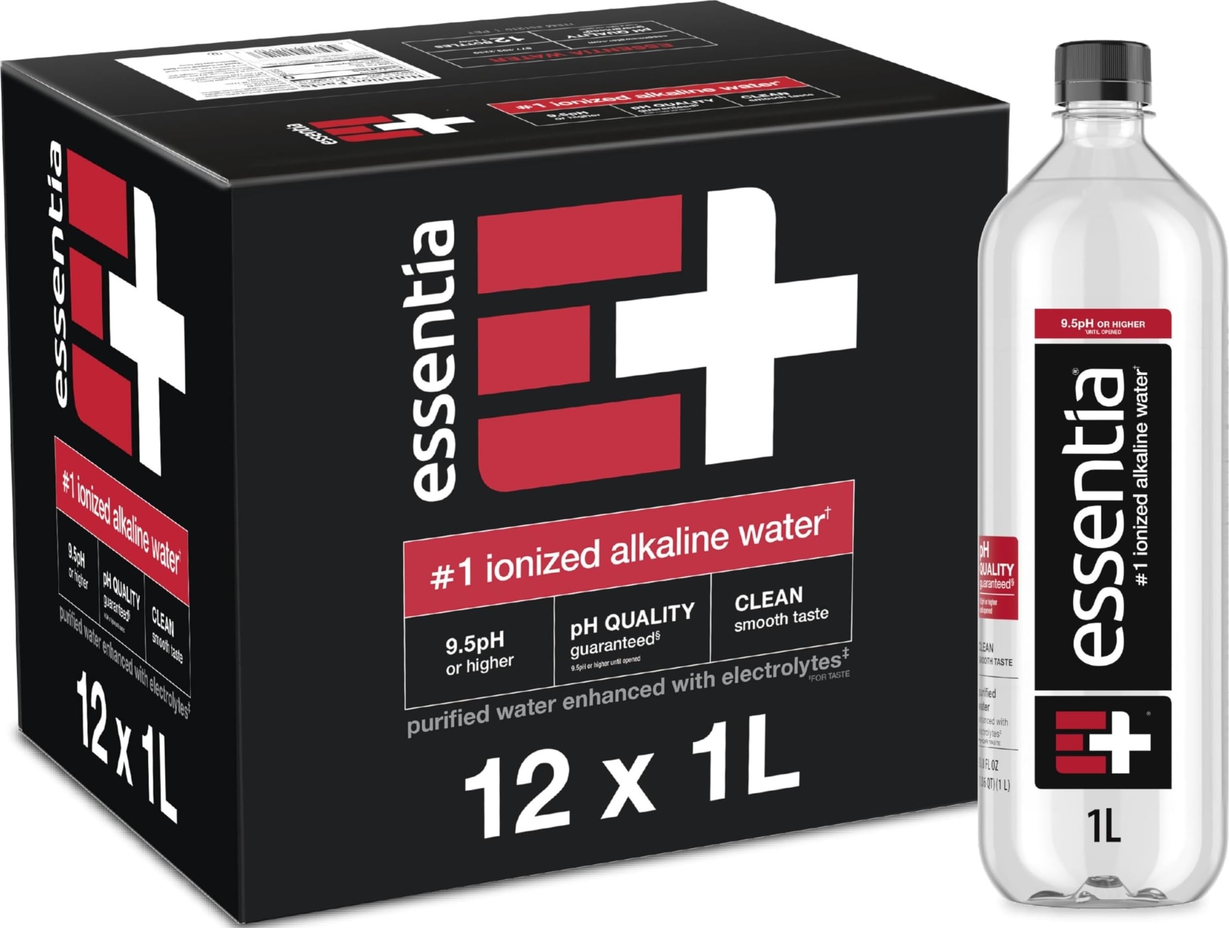 Essentia Water 12-pack front packaging showing convenience and stock