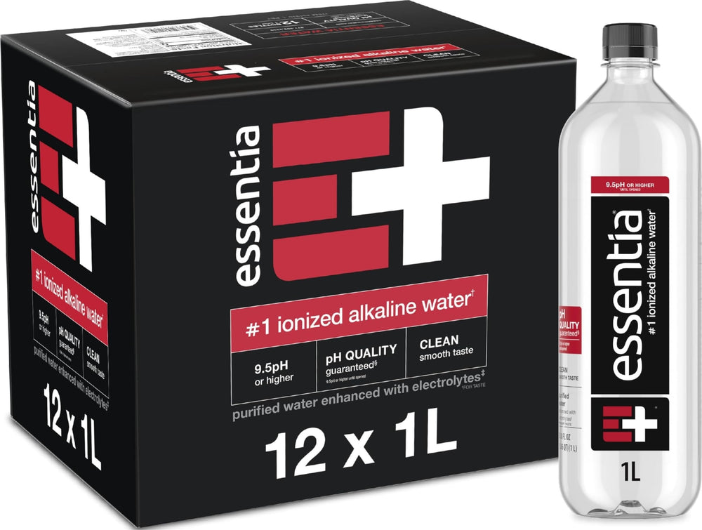 Essentia Water 12-pack front packaging showing convenience and stock
